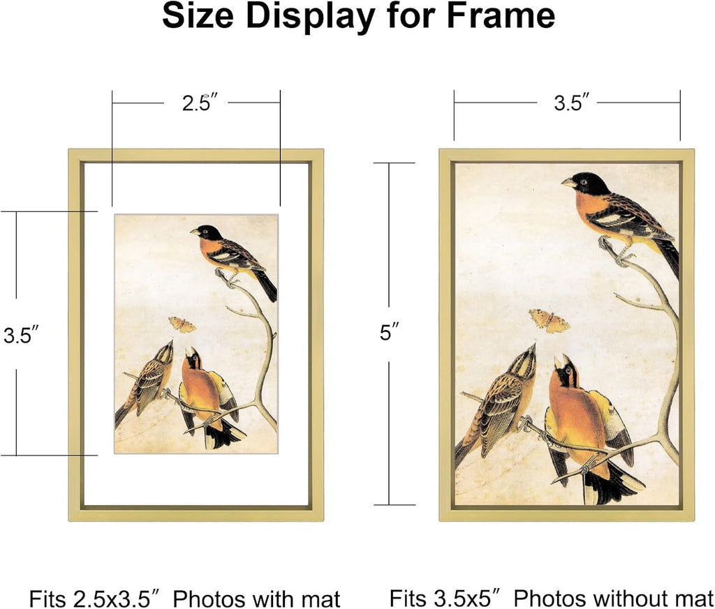 3.5x5 Picture Frame Set of 3, Brass Metal Photo Frames with HD Glass, Fits 2.5x3.5 with Mat or 3.5x5 without Mat, Wall Hanging and Table Display