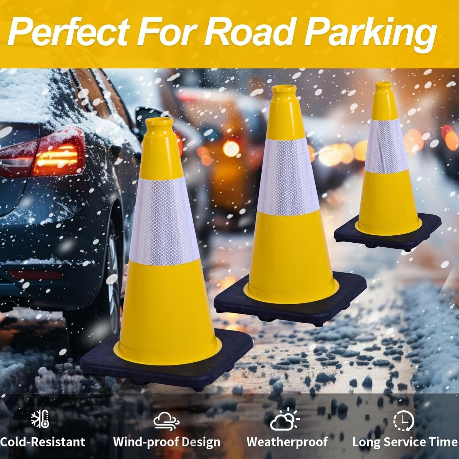 BESEA 8Pack 18 Inch Yellow Traffic Cones with 6 Inch Reflective Collar, Heavy Duty PVC Safety Cones with 10.5 x 10.5 Inch Base for Parking, Driving Practice, Sports Training, and Construction