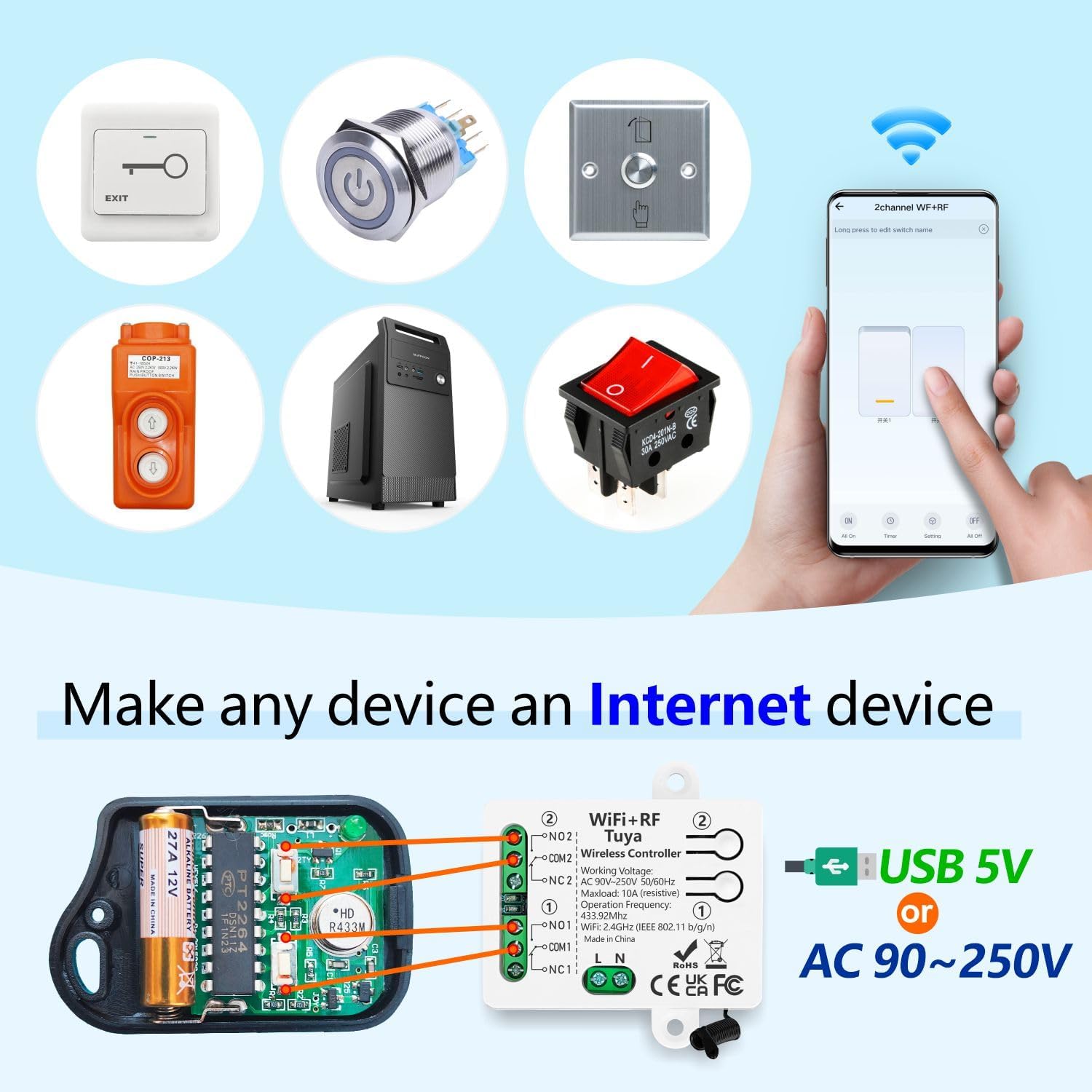 DieseRC Tuya 2-Channel WiFi Smart Switch, AC 90V - 250V 220V Passive Output Relay Module, with 2X RF Remote Control, Compatible with Alexa/Google Home
