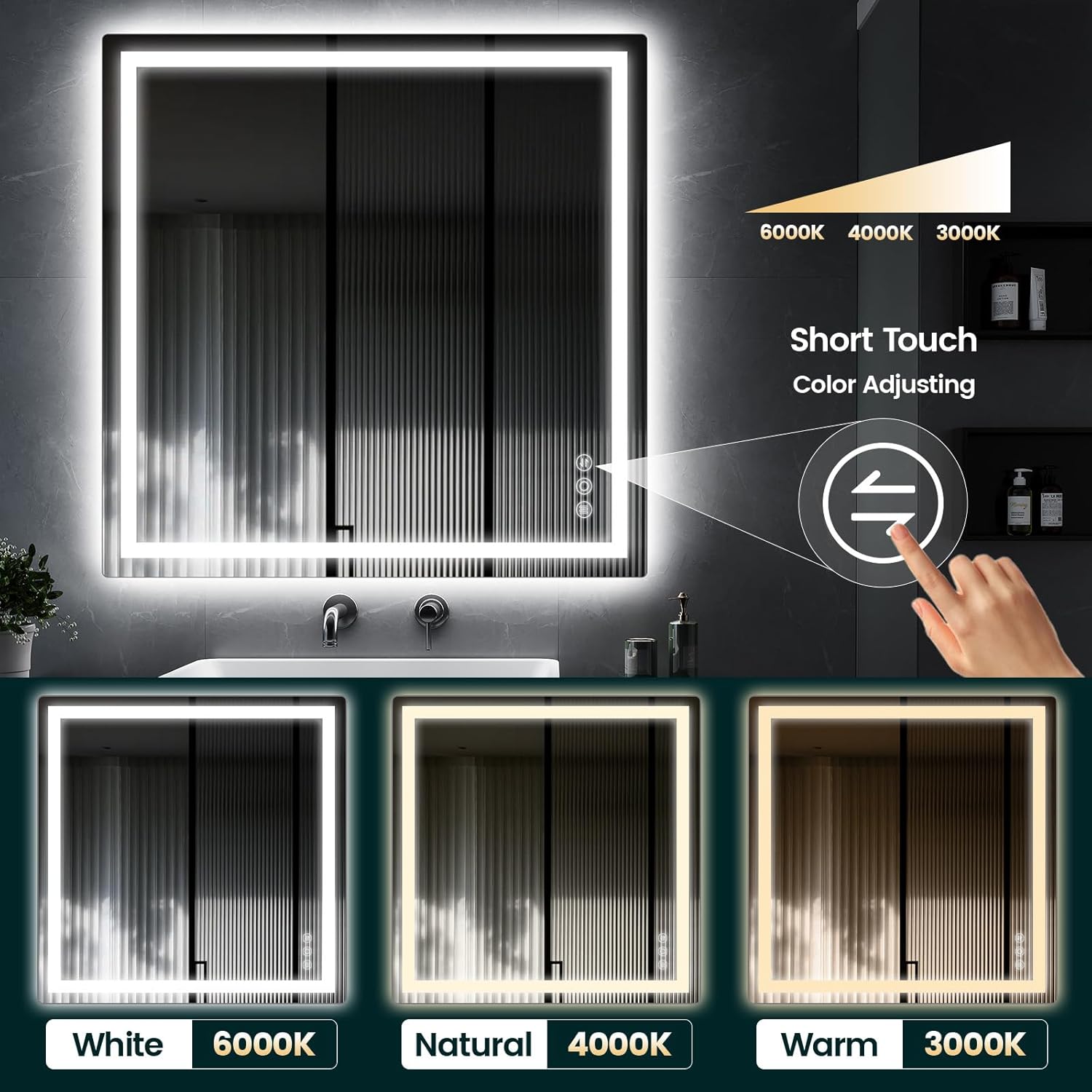 36"x 36" Bathroom Mirror for Over Sink, Anti-Fog LED Bathroom Mirror with Lights, Memory 3 Colors Modes & Dimmable Bathroom Vanity Mirror