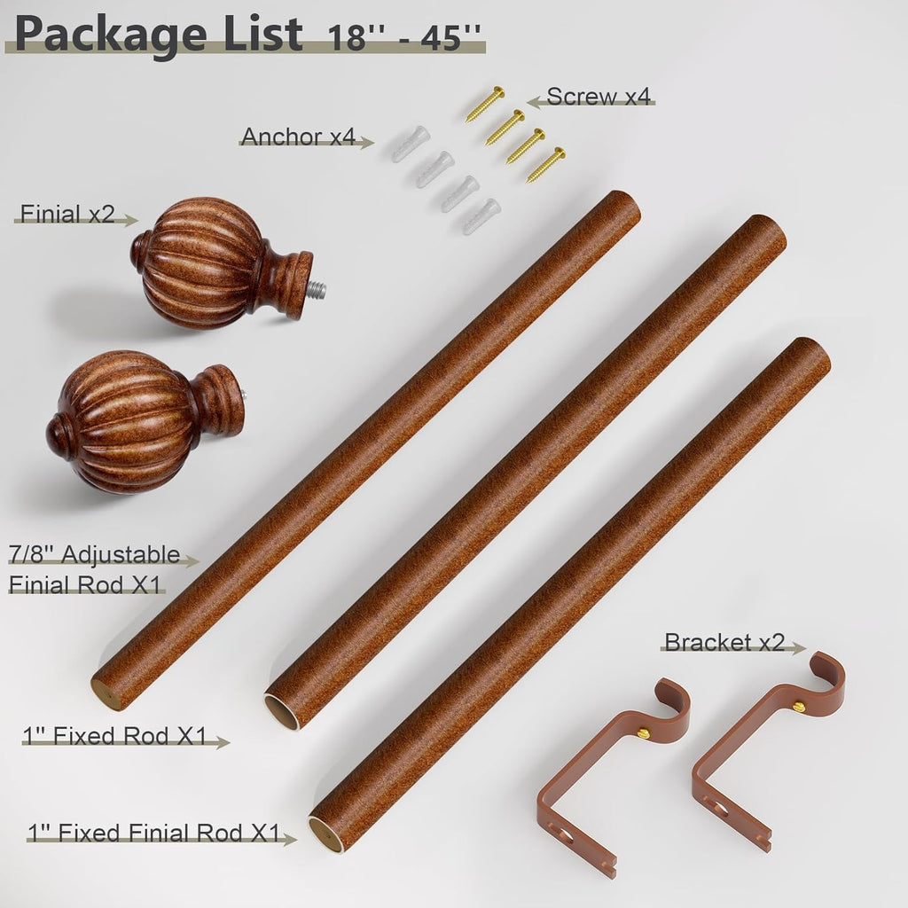 Dark Brown Wood Curtain Rods for Windows 28 to 48 Inch, 1'' Adjustable Heavy Duty Curtain Rod，Vintage Imitation Wood Decorative Drapery Rods with Pumpkin Finials for Bedroom Living Room