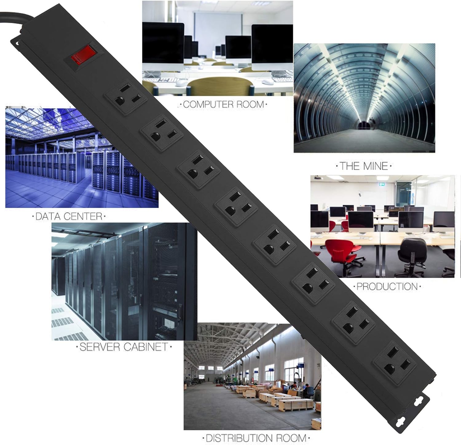 Metal 8 Outlet Mountable Power Strip, Wall Mount Outlet Heavy Duty, Wide Spaced Commercial Shop Power Strip with Switch, 15A 125V 1875W, 15 FT SJT 14AWG Power Cord (15FT)