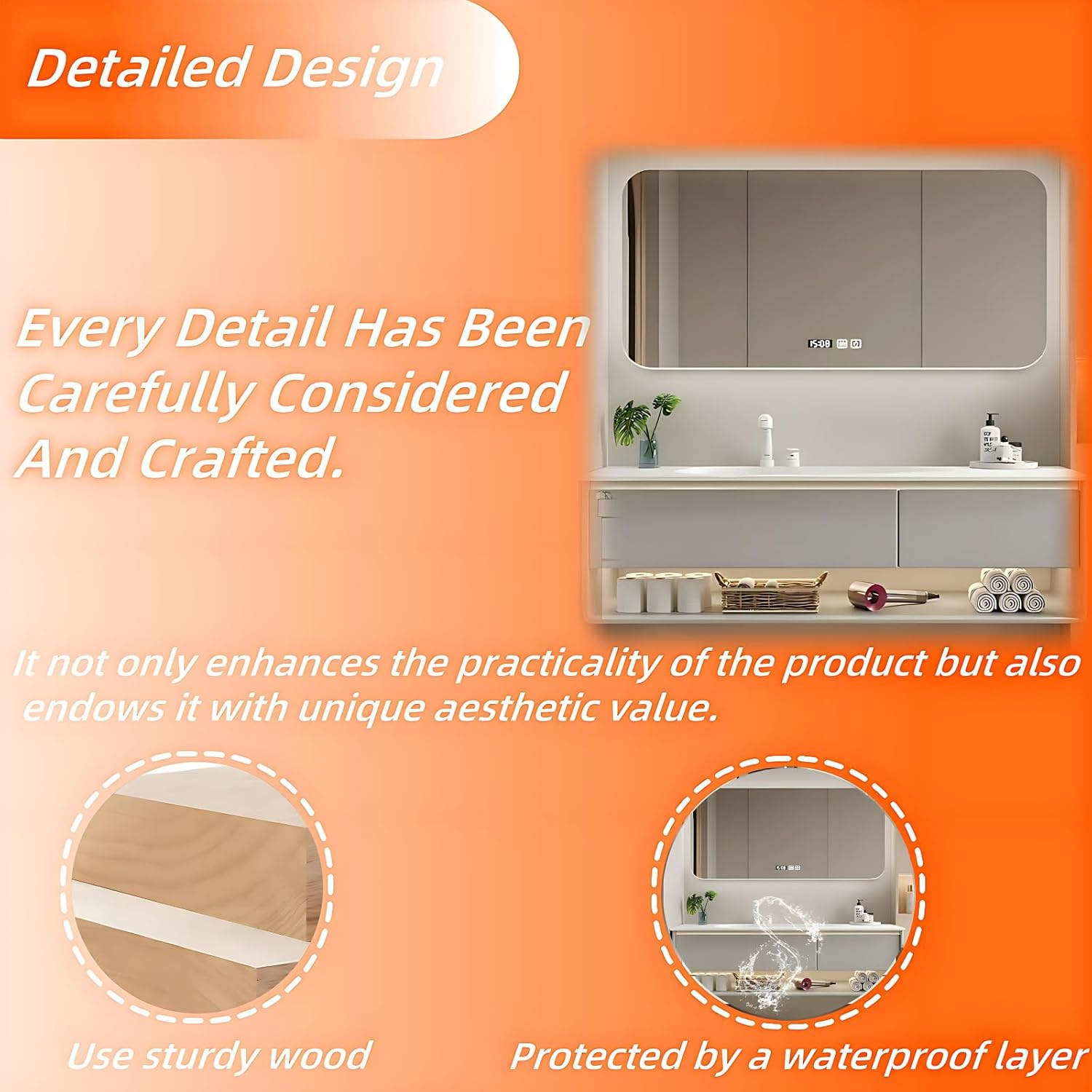 68IN Grey Bathroom Vanity Set - Floating Bathroom Vanity with Single Sink | Including LED Smart Defogging Mirror Cabinet & Time Display Function, Equipped with Motion Sensing Light Strip (Style A)