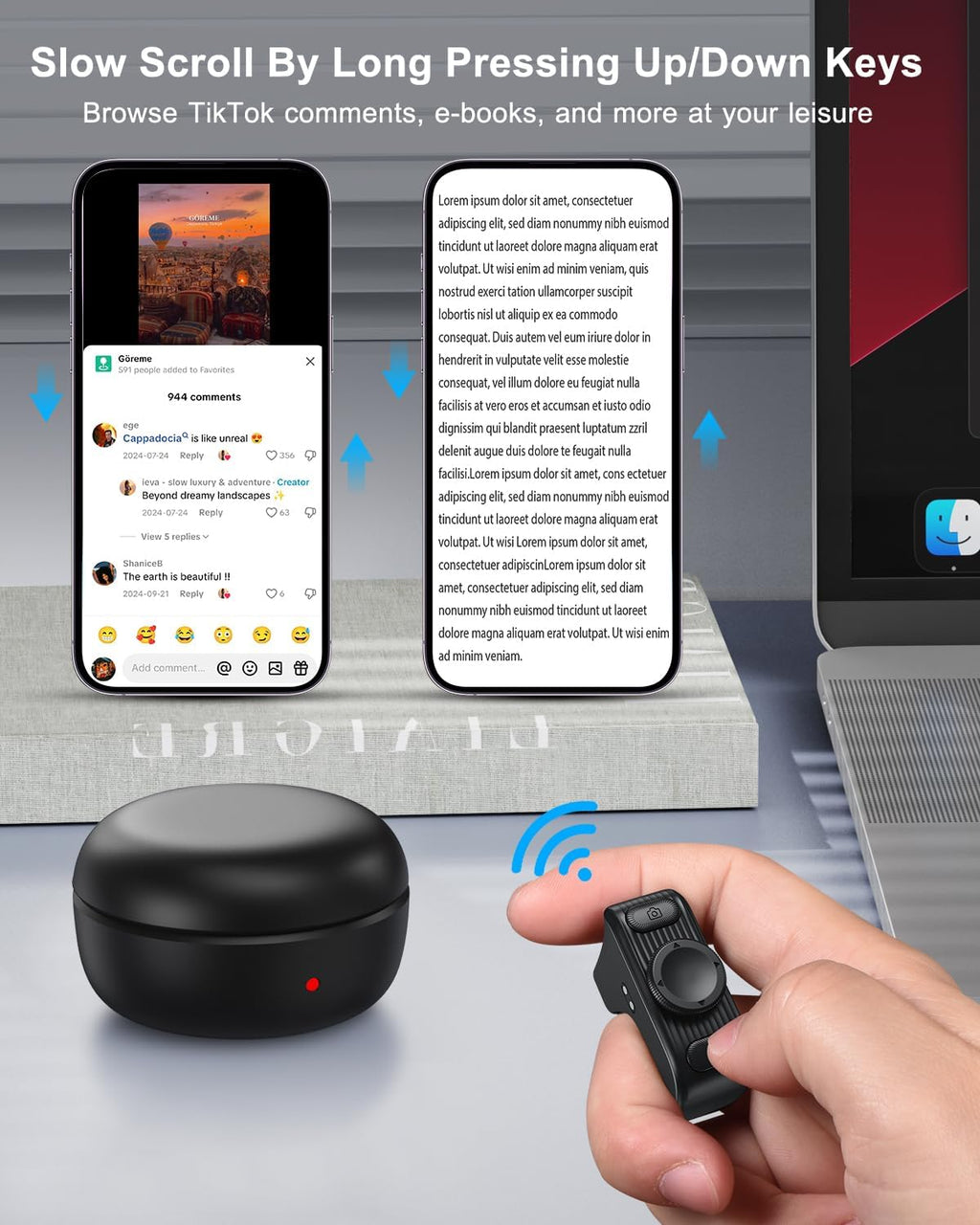 [New Upgrade, Easy to Use] TikTok Scrolling Ring Remote Control, Camera Shutter Remote, Wireless Bluetooth Scrolling Ring for iPhone, iPad, iOS, Android - Black