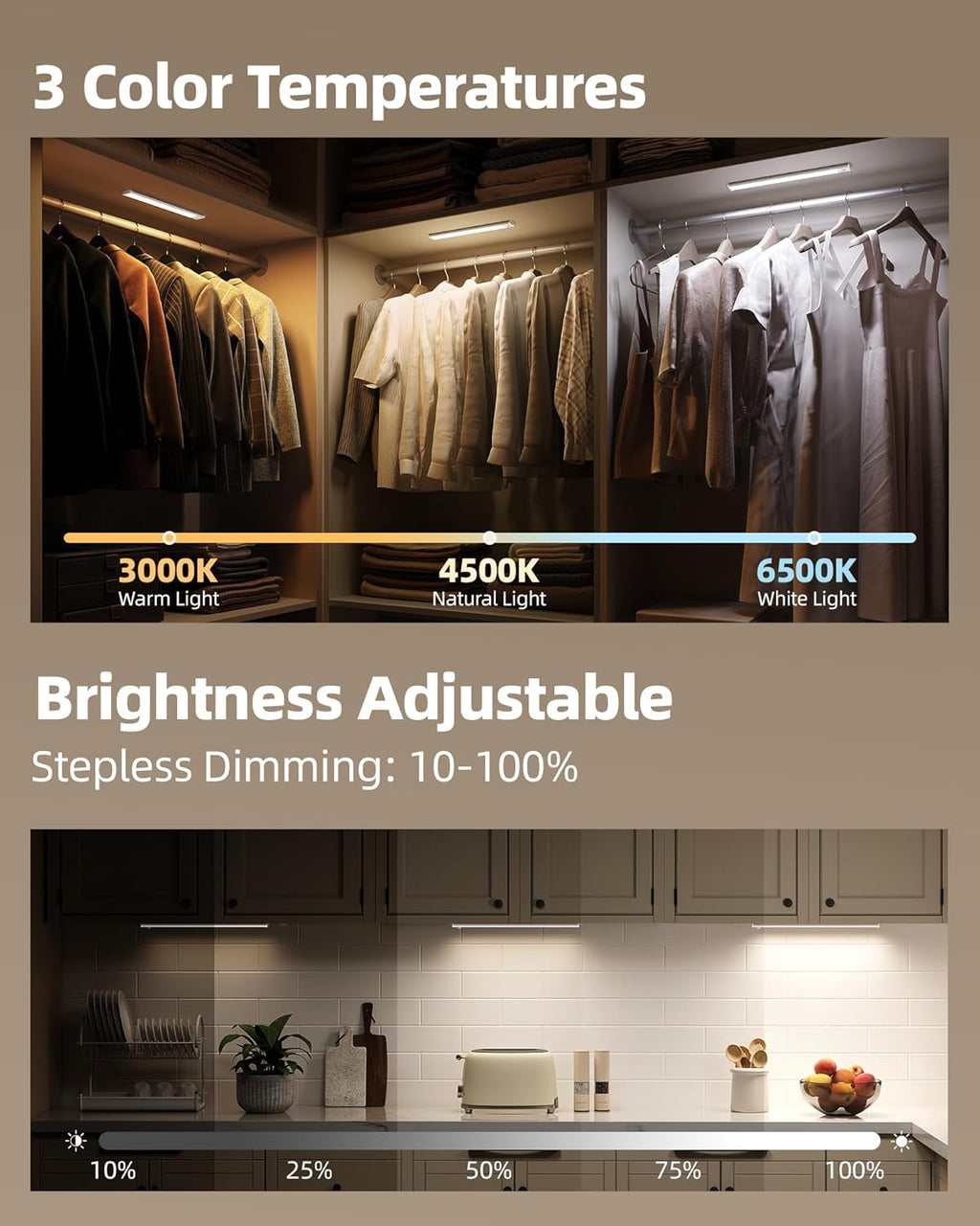 Under Cabinet Lighting Wireless,Rechargeable Battery Motion Sensor Light Indoor,LED Closet Lights USB Charging,3 Color Dimmable Under Cabinet Lights for Kitchen, Cabinet, Wardrobe (3 Pcs) 16inch
