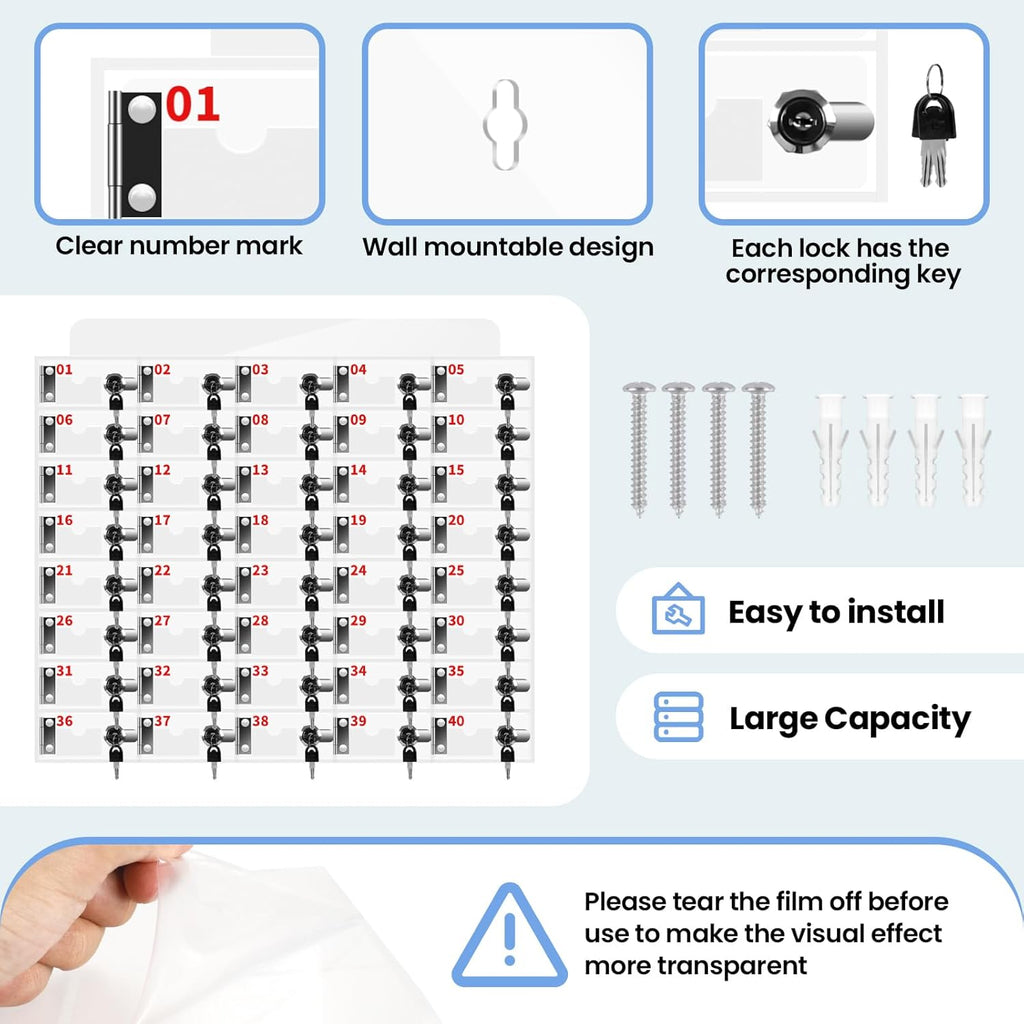 Cell Phone Storage Locker 40 Slots Acrylic Material with Door Locks and Keys, Wall-Mounted Cell Phone Storage Cabinet for Office Classroom Gym Firms, Lockers for Storage, Clear (40 Slots)