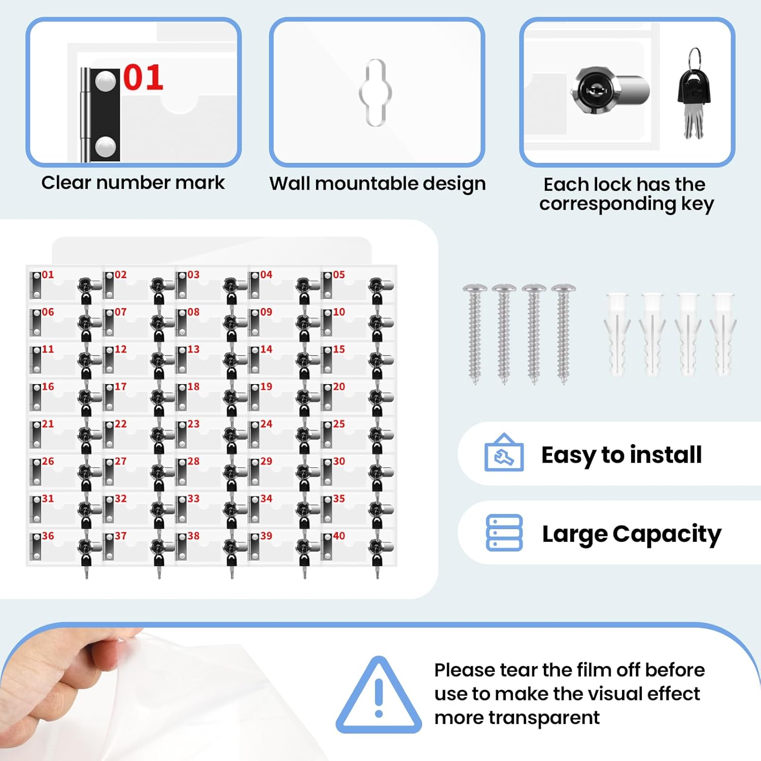 Cell Phone Storage Locker 40 Slots Acrylic Material with Door Locks and Keys, Wall-Mounted Cell Phone Storage Cabinet for Office Classroom Gym Firms, Lockers for Storage, Clear (40 Slots)