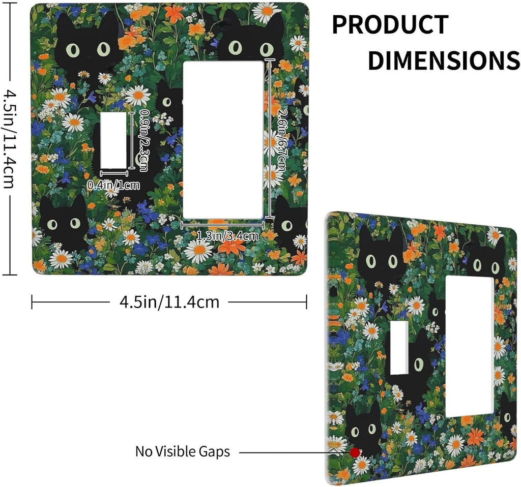 Boho Funny Black Cute Cats Daisy Wildflower Outlet Covers 1 Toggle 1 Rocker Combination Decorative Wall Plate Electrical Switch Plates Light Switch Cover Plate For Kids Room Bed Room Decor