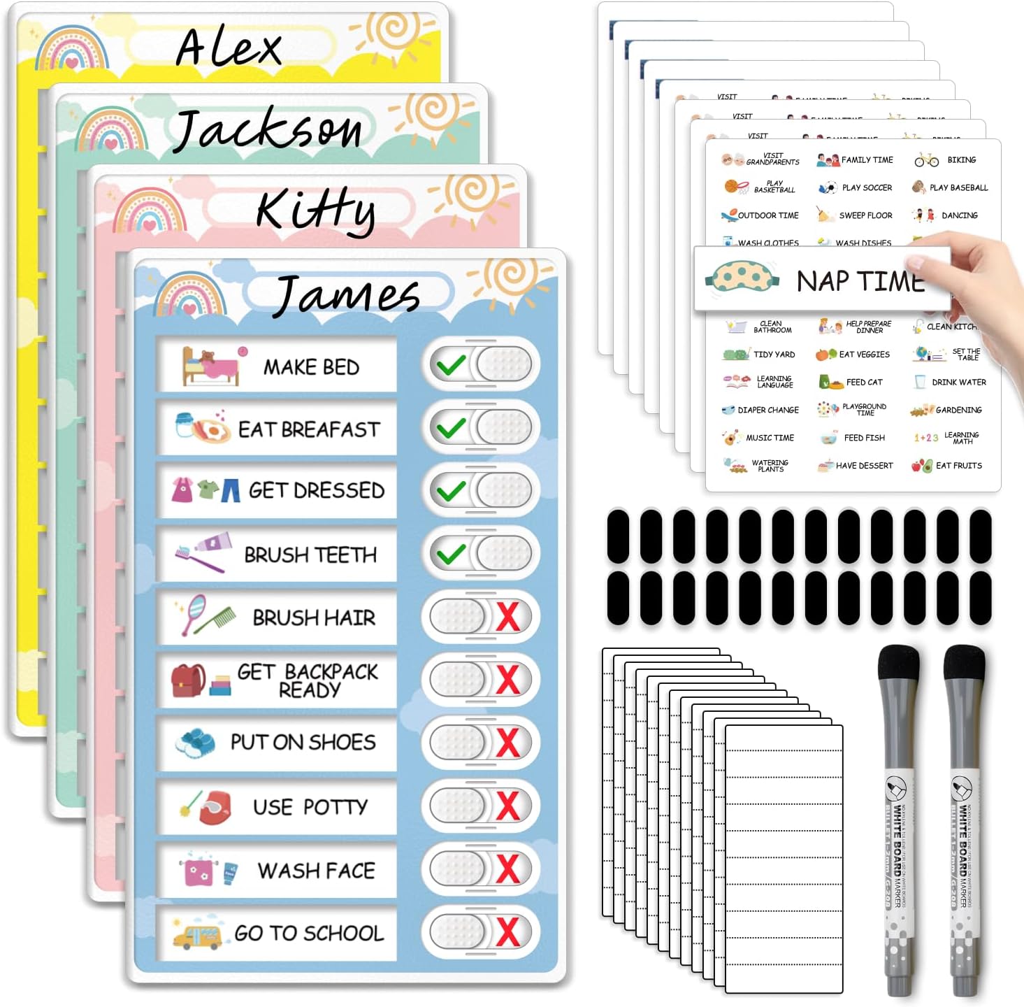 4 in 1 Namable Chore Chart for Kids, Dry Erase Morning/Bedtime Routine Chart for Kids for Refrigerator, Magnetic Visual Schedule for Kids Toddlers to Do List Checklist for Multiple Kids