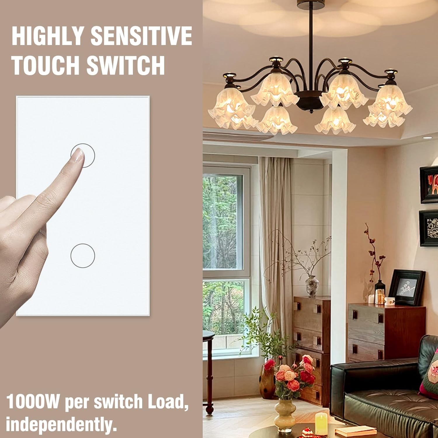 2 Way Light Switch 118X72X34MM No Neutral Wire, Wall Touch Switch 1000W, Tempered Glass Panel, FCC, White 2 Gang