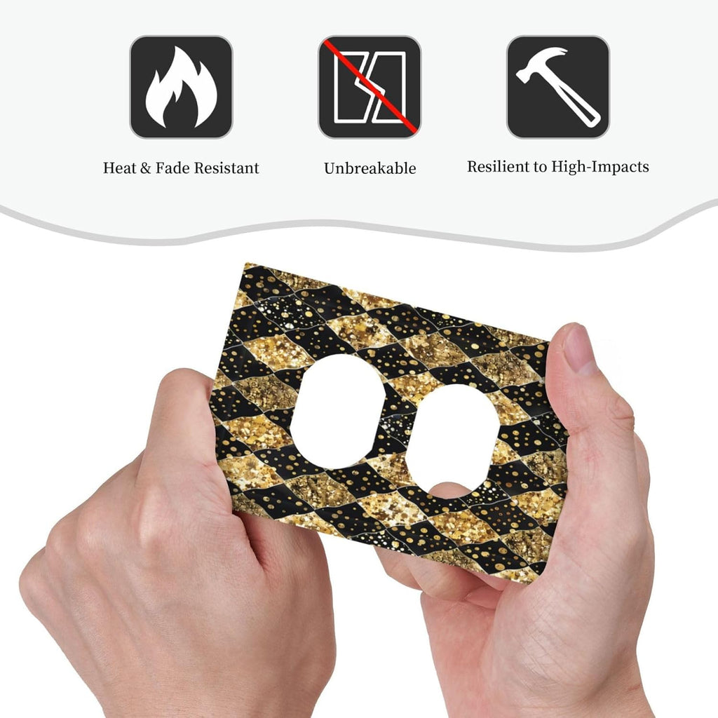 Gold Black Marble Geometric Plaid Glitter Outlet Covers 1 Gang Duplex Light Switch Cover Wall Plate Decorative Switch Plates Electrical Receptacle Faceplate for Bedroom Bathroom Decor