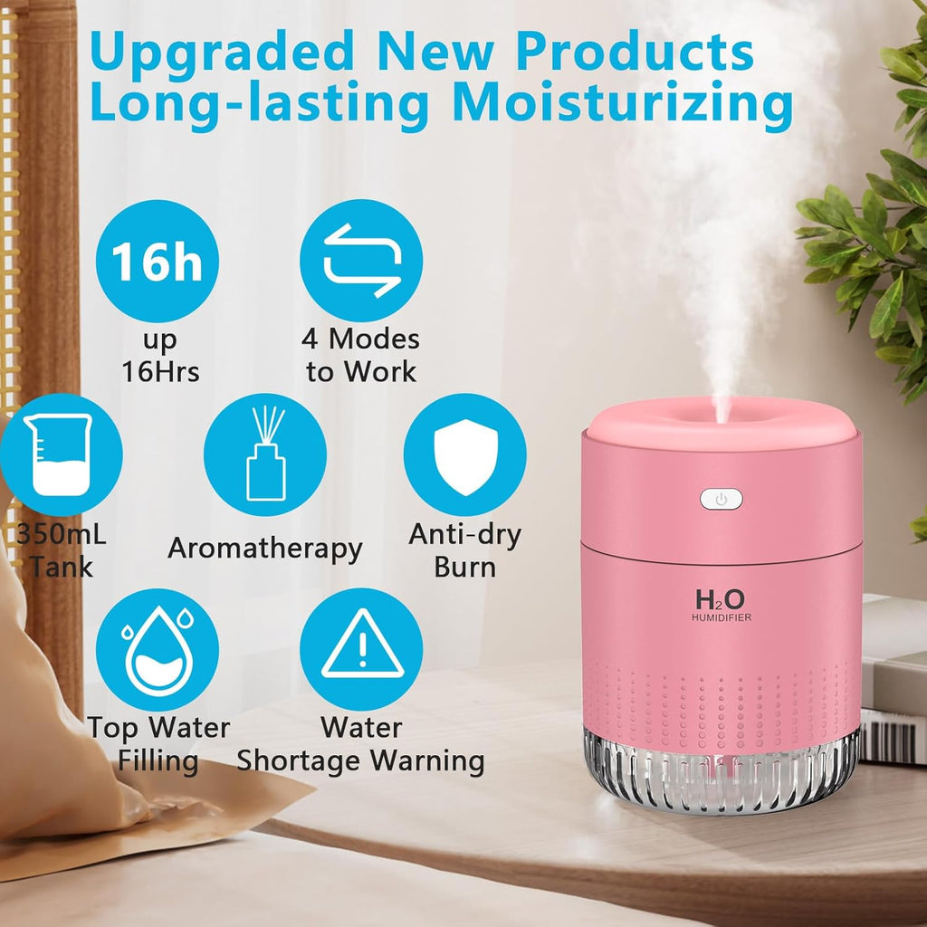 Colorful Mini Humidifier, USB Rechargeable Humidifier, 4 Modes Super Quiet, Humidifiers For Bedroom,Suitable For Travel Office Family-Rose Pink