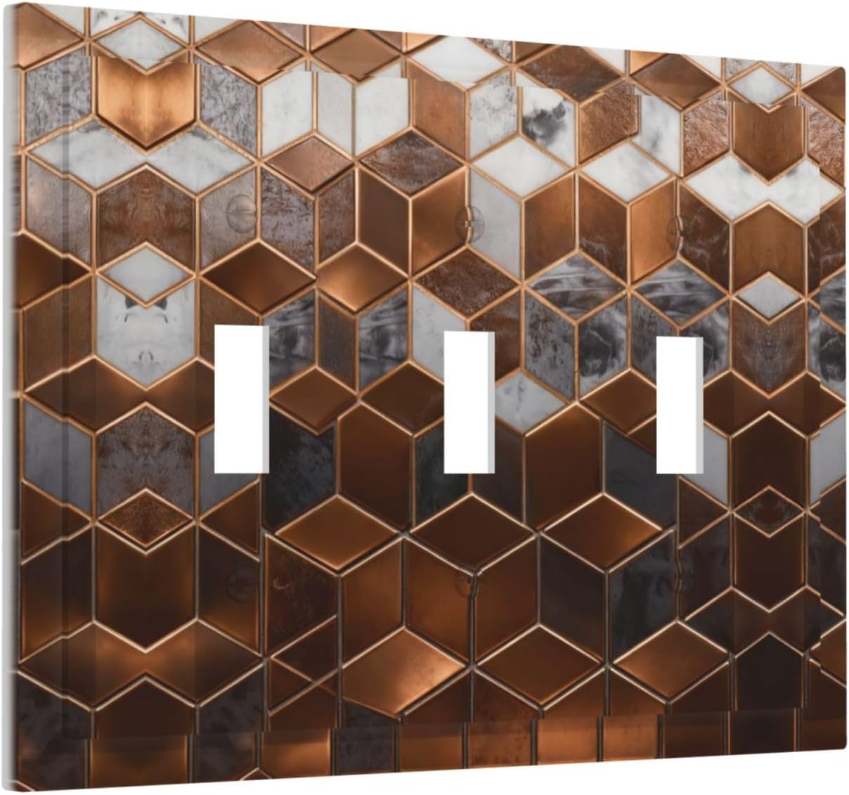 Brown Abstract Luxury Modern Geometric Cubic Marble 3 Gang Triple Toggle Decorative Light Switch Covers Electrical Faceplate Switch Plates for Bathroom Kitchen Home