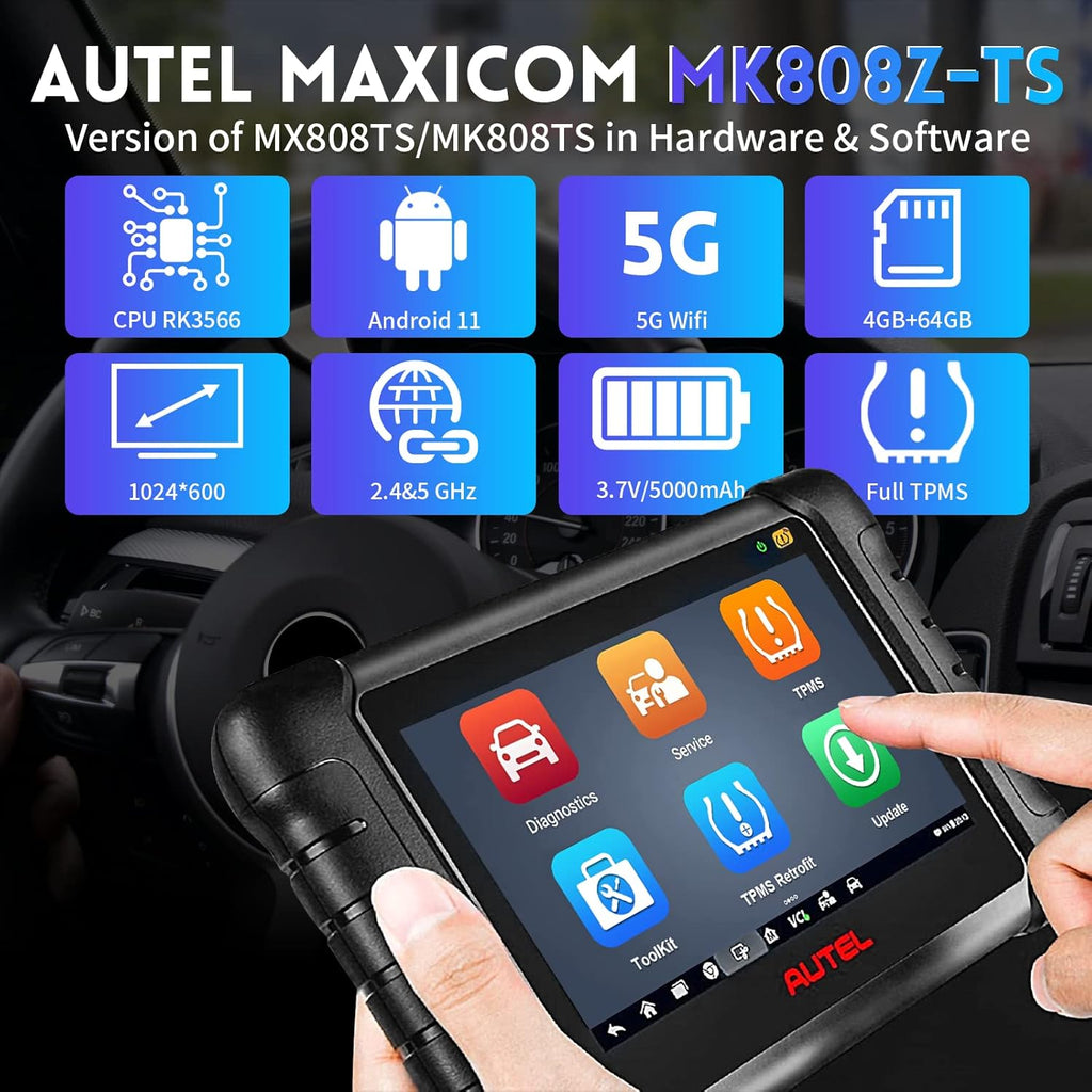 Autel Scanner MaxiCOM MK808Z-TS: Android 11 Based Bi-Directional TPMS Tool, Updated of MK808TS/MK808BT/TS608Pro with Active Test, 28+ Service, Bluetooth All Systems Diagnoses, Advanced TPMS Features