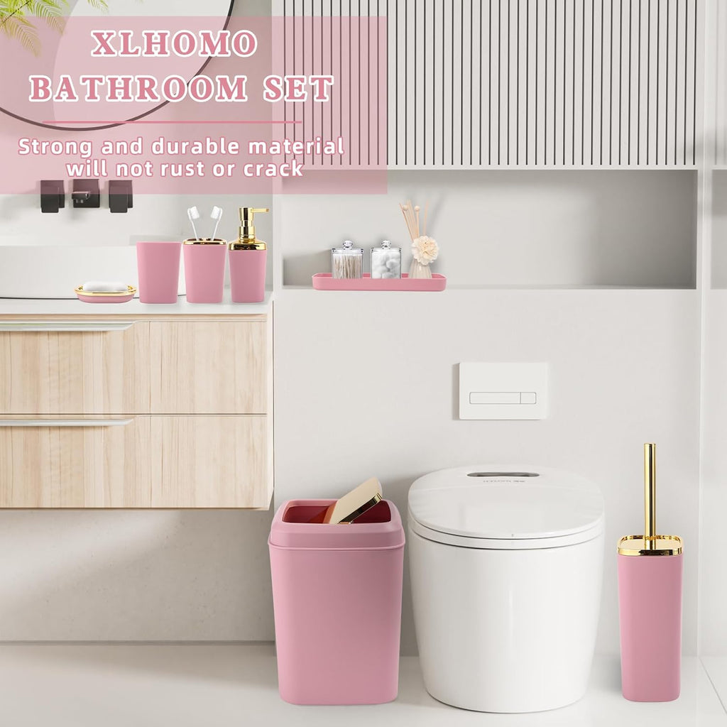 Pink and Gold Bathroom Accessories Set, Bathroom Sets with Shower Curtain, Pink Bathroom Accessories with Trash Can, Soap Dispenser, Soap Dish, Toilet Brush Holder, Qtip Holders for Bathroom
