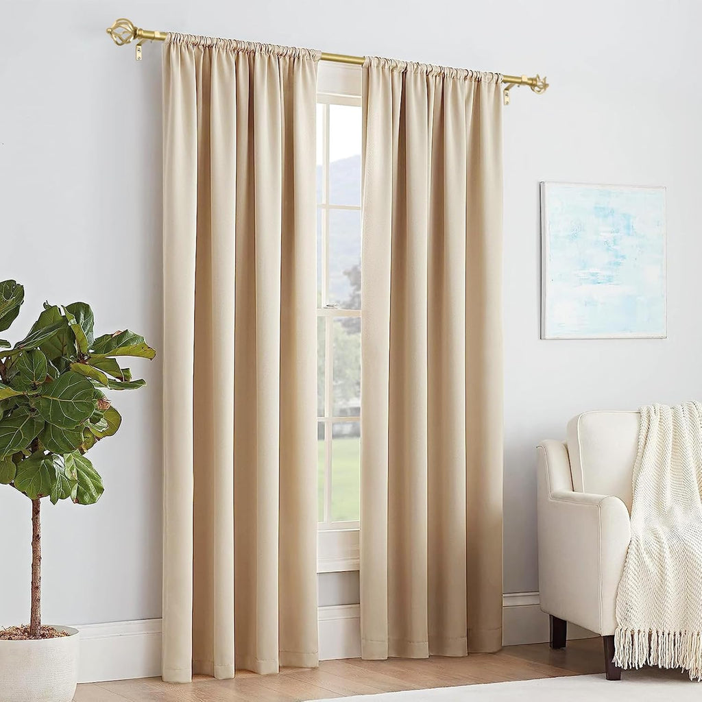 KAMANINA Gold Curtain Rods for Windows 48 to 84 Inch, Adjustable Single Curtain Rod 32 to 86 Inch(2.6-7.1ft), 3/4 Inch Splicing Drapery Rods with Twisted Cage Finial