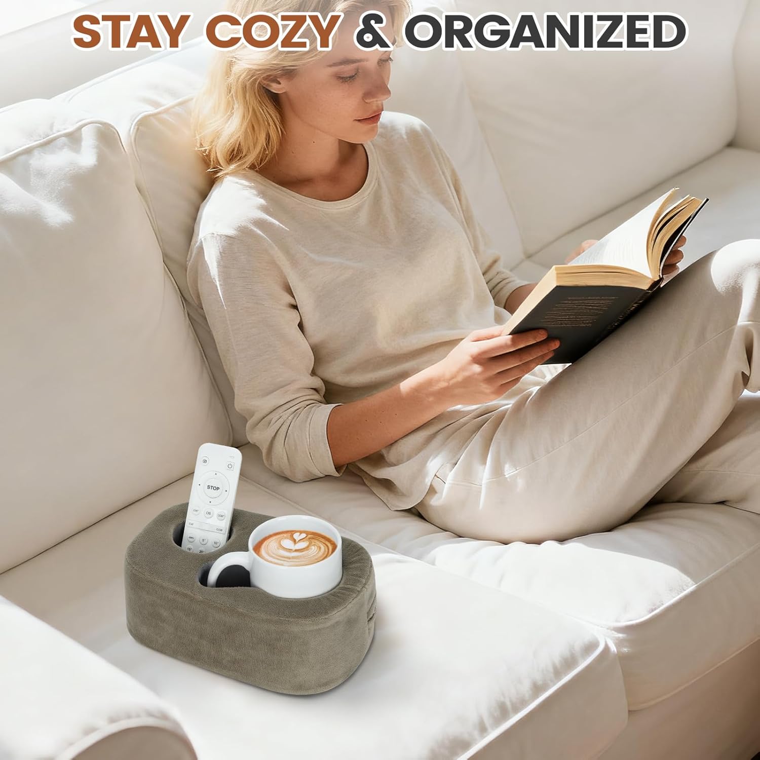 G GOOD GAIN Couch Cup Holder Pillow - Sofa & Bed Organizer Caddy for Drinks, Phones, Remotes, Snacks | Portable Tray for Car, Boat, RV, Picnic,Lightbrown