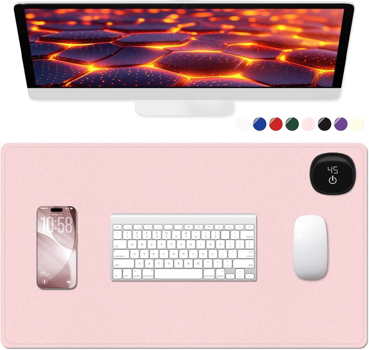 Heated Desk Pad, 23.6" x 14.2" Leather Non-Slip Warm Desk Pad, Large Mouse Mat with 3 Levels Heating & 3 Hours Auto Shut-Off, Hand and Foot Warmer for Office, Home, Pink