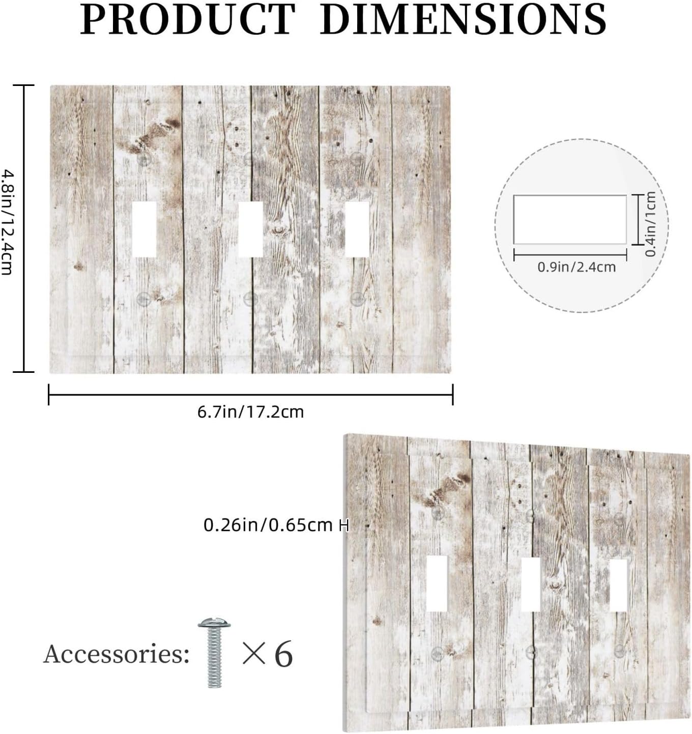 Vintage Light Wood Retro Rustic White Gray Oak Print Decorative Switch Plates 3 Gang Wall Plate Triple Toggle Light Switch Cover Faceplate Electrical Wall Panels for Farmhouse Home Decor