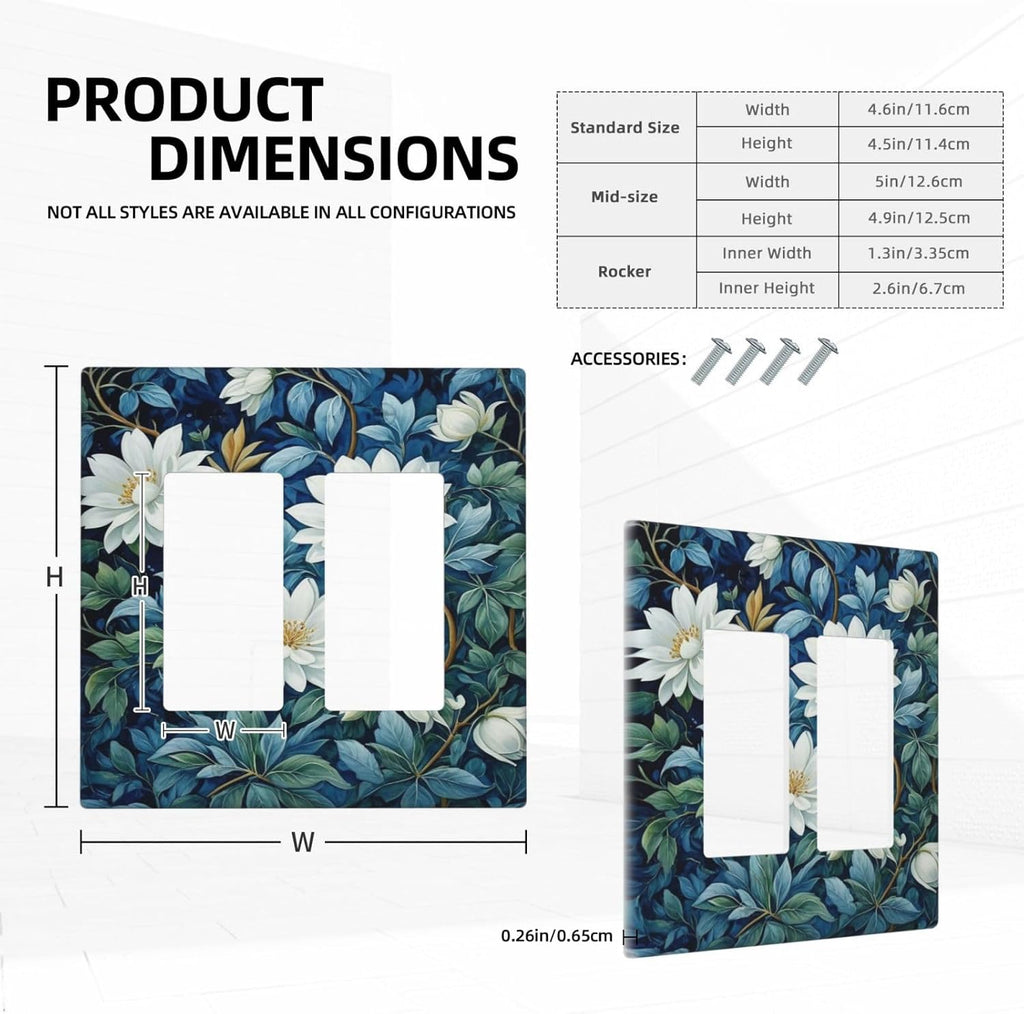 White Flowers Green Leaves Dual Outlet Covers Wall Plate 2 Gang Rocker Decora Decorative Switchplate Electrical Faceplate GFCI Light Switch Covers for Farmhouse Living Decor