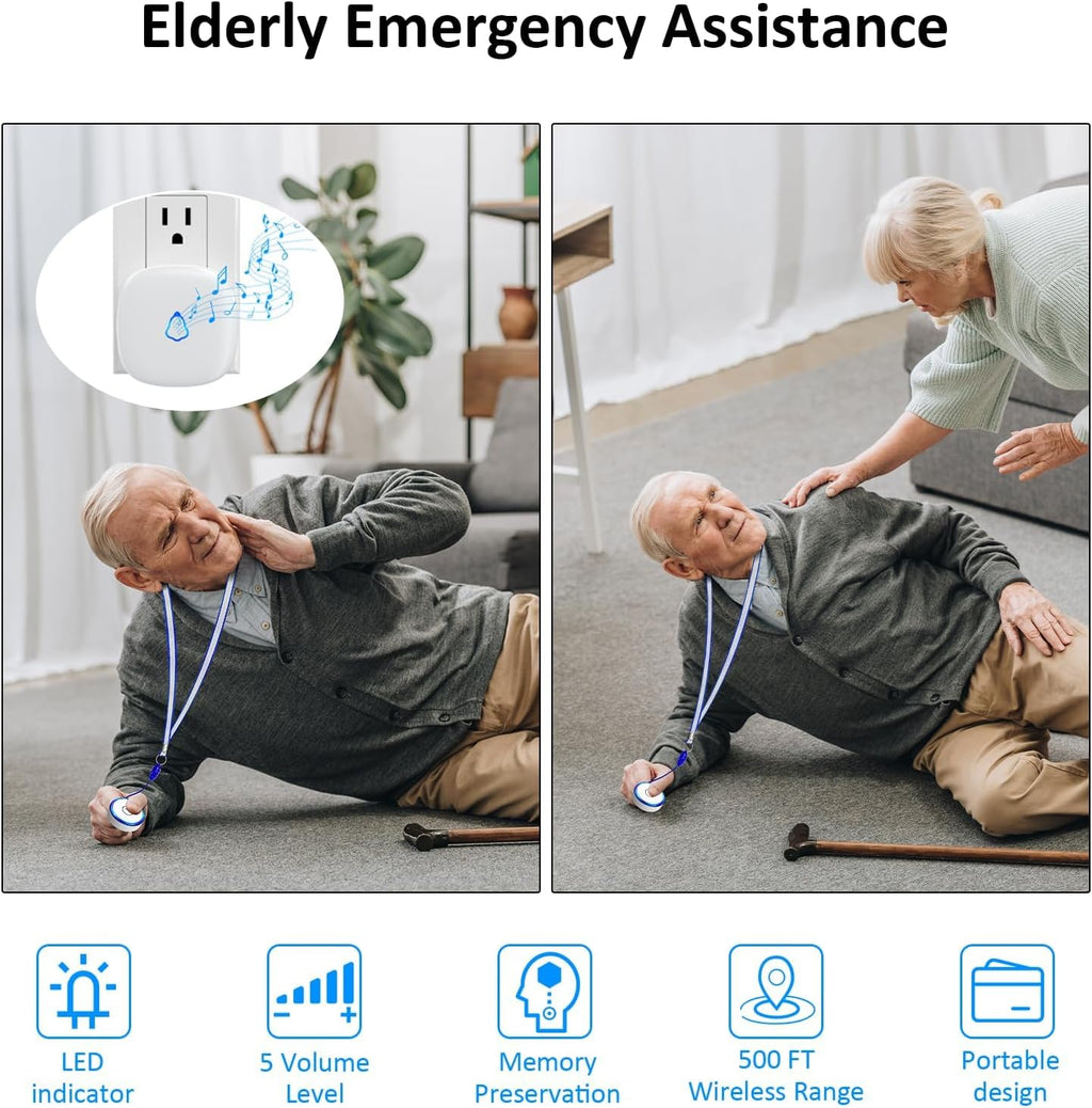 Caregiver Call Alarm Button for Home，Life Alert Beeper for Elderly Monitoring Emergency Bell, 500FT Wireless Panic Call Alarm, Nurse Care for Seniors Patients, Waterproof