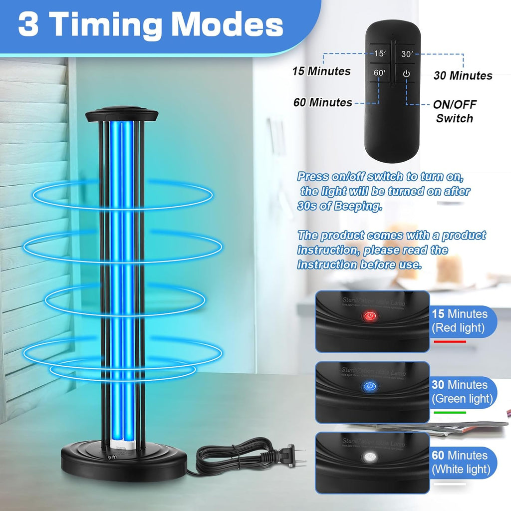 Qualirey 100W UV & Ozone Sanitizer with UV Light Glasses, High Power Room Disinfection Light with 3 Level Timer & Remote, Whole Room Disinfection for Large Spaces, Offices & Basements