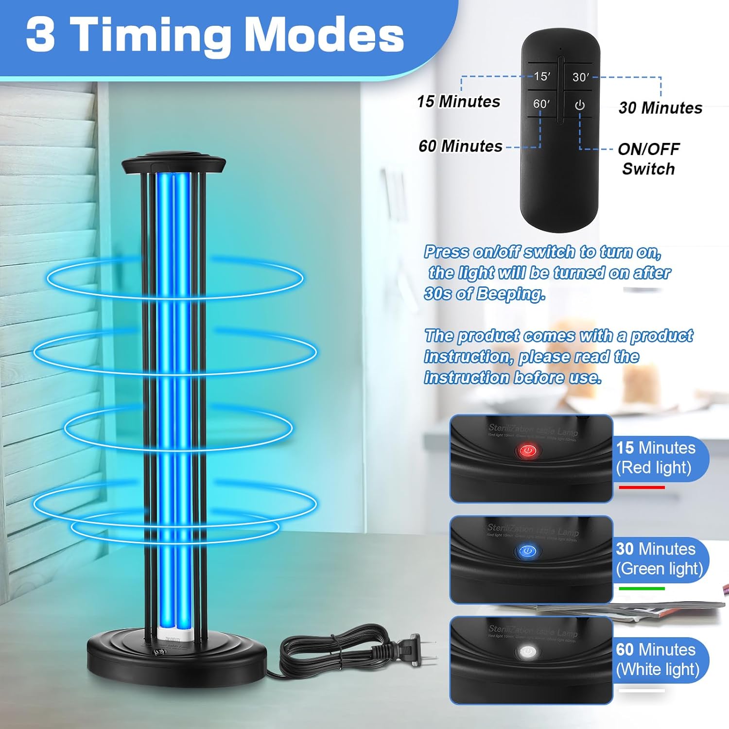 Qualirey 100W UV & Ozone Sanitizer with UV Light Glasses, High Power Room Disinfection Light with 3 Level Timer & Remote, Whole Room Disinfection for Large Spaces, Offices & Basements