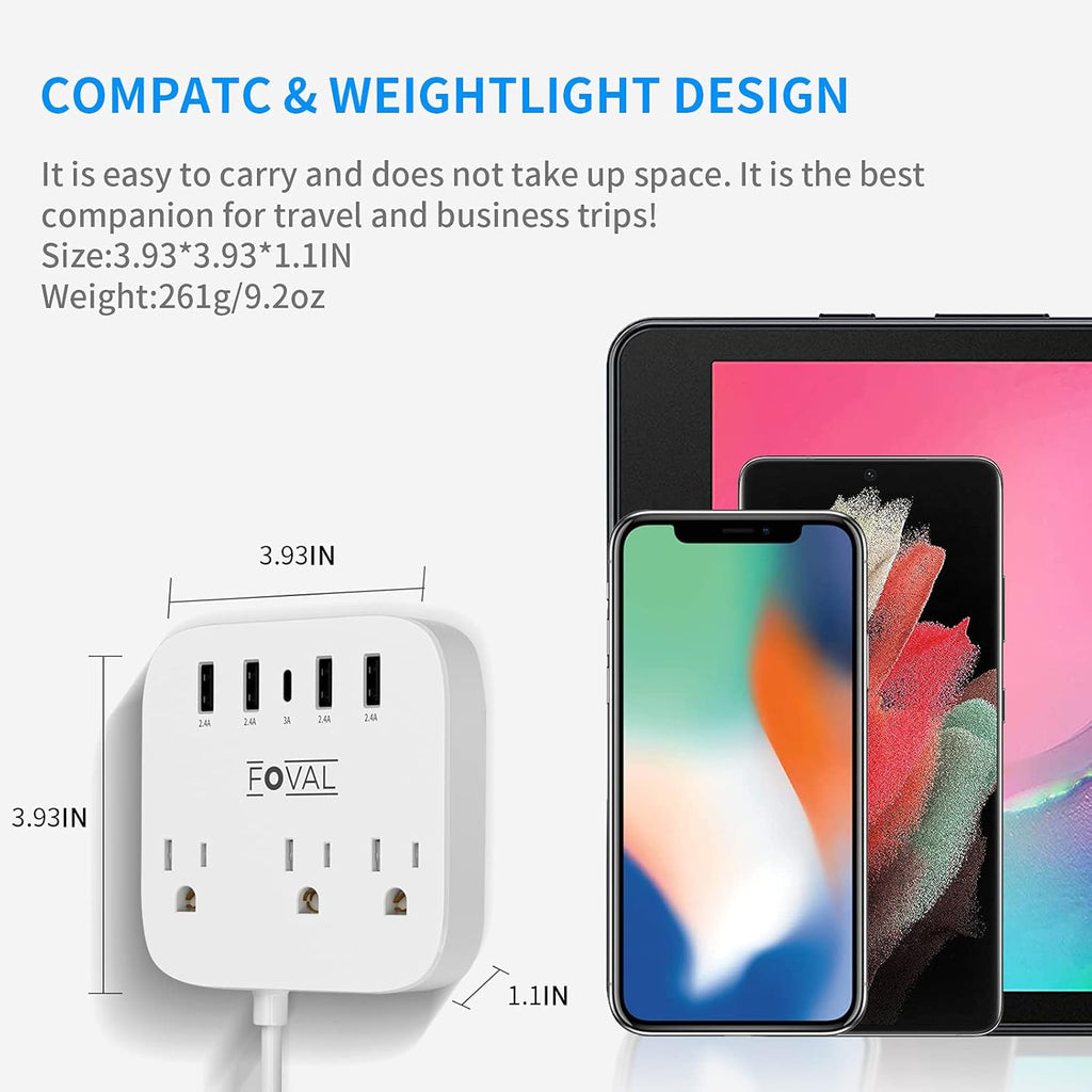 European Travel Plug Adapter, FOVAL EU UK US Power Strip with USB C and 4 USB Ports, 3 AC Outlets, Wall Mountable, 5ft Extension Cord, Compact for Travel, Cruise Ship, Home Office (White)