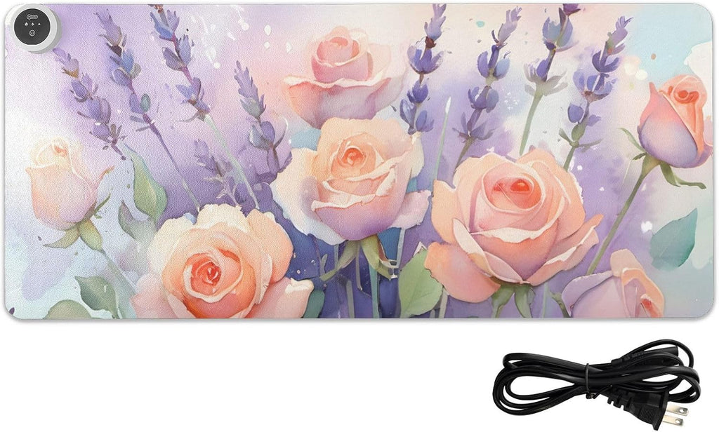 Large Heated Mouse Pad,Leather Desk Mat,31.5"x13",Hand Warmer Pads for Desk,Lavender Rose(Morandi)
