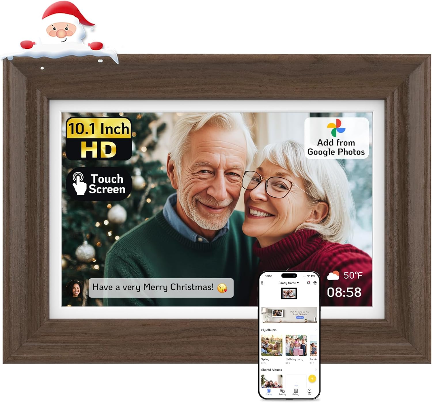 NexFoto 10.1" Wood Digital Picture Frame, 64GB WiFi Electronic Photo Frame HD Touchscreen, Add Pics from Google Photos, Share Photos/Videos via App/USB, Gift for Christmas/Mom/Birthday, Walnut