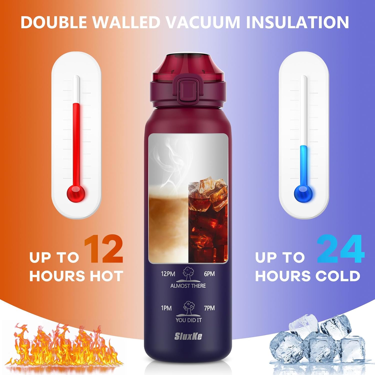 Insulated Water Bottle 24oz, Double Wall Vacuum 18/10 Stainless Steel Bottle with 2Lids, Leak Proof & BPA-Free, 700ml Hydro Water Flask with Handle & Straw Spout Lids RED BLACK