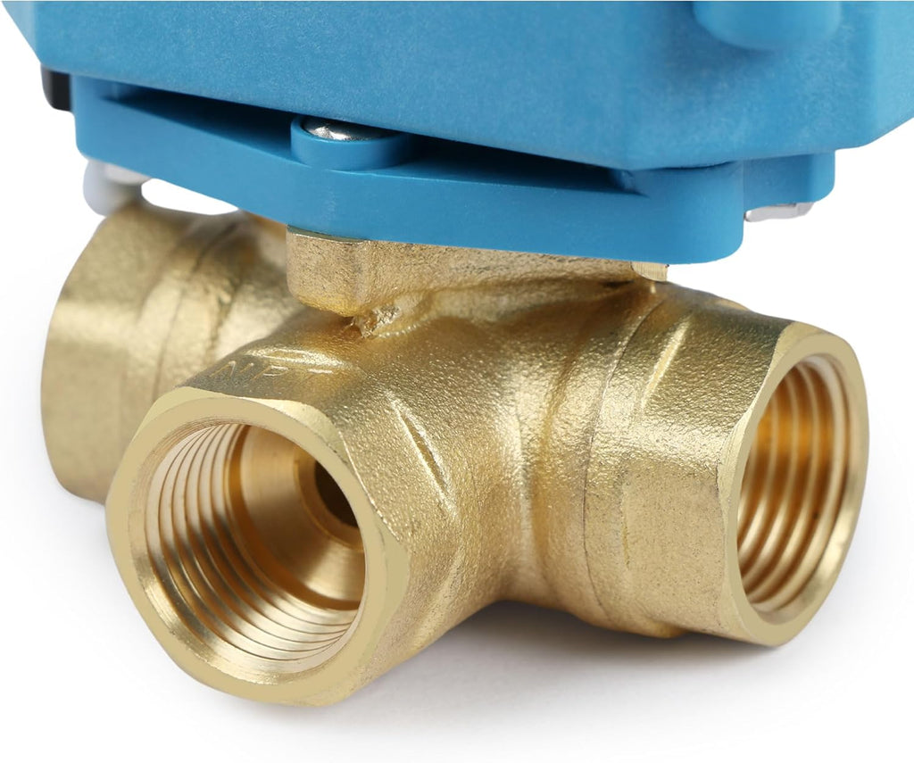 U.S. Solid 3/8" 3 Way Brass Motorized Ball Valve 110-230VAC, L Type Water Shutoff Valve with Manual Function, Standard Port, NOT for Drinking Water