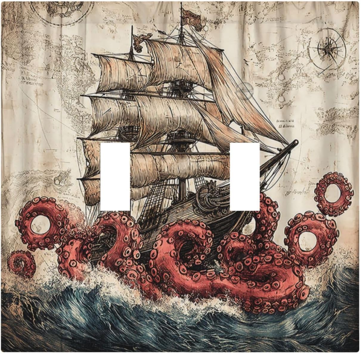 Decorative Switch Plates Vintage Octopus Ocean Sailboat Bizarre Adventure 2 Gang Double Toggle Wall Plate Outlet Light Switch Cover Electrical Faceplate for Bathroom Kids room Decor