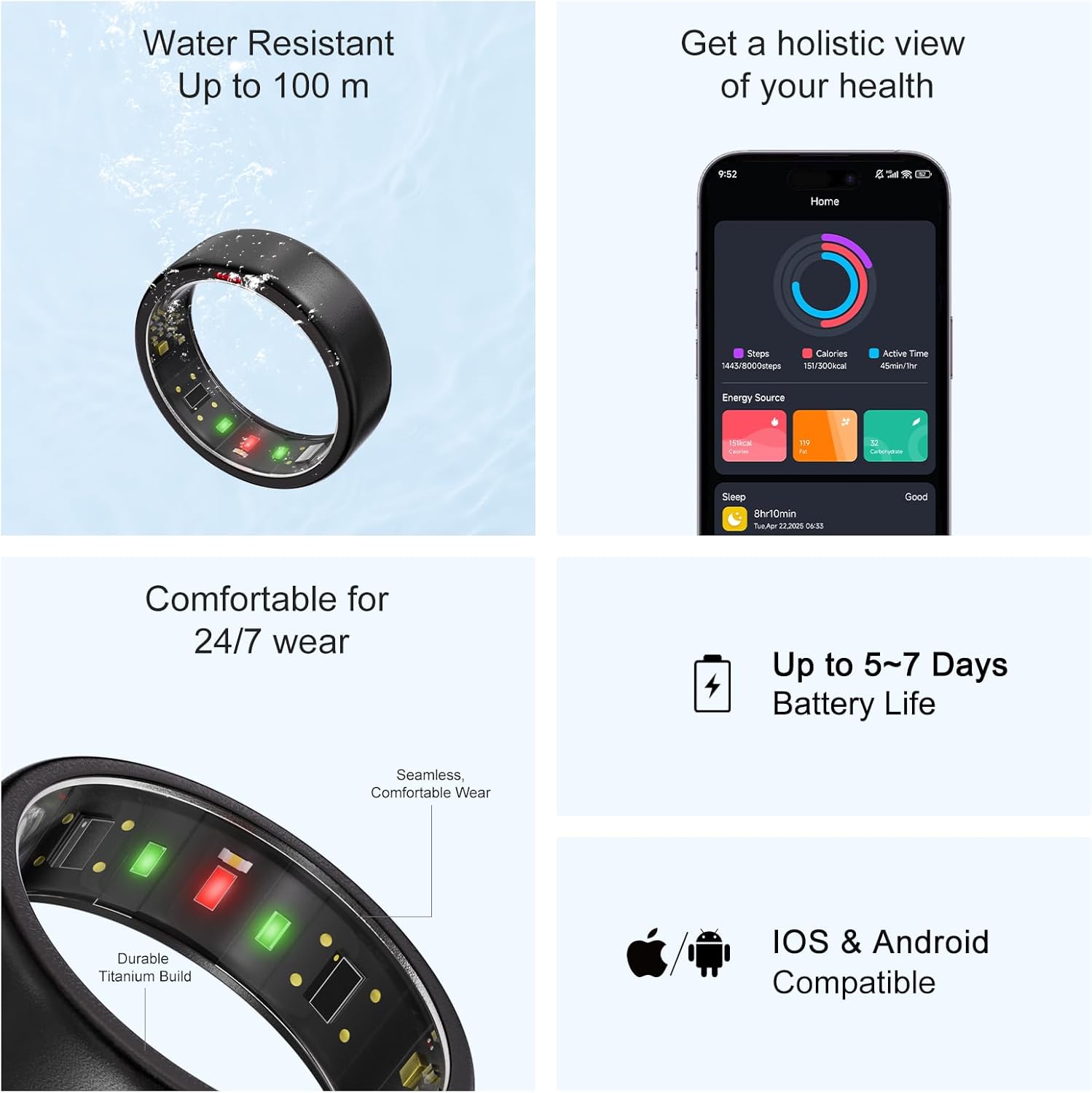 Ring OnePlus - Ultra-Thin Titanium Smart Ring - 7 Days Battery Life - Fitness/SPO₂/Stress/HR/Sleep Skin Temperature Tracker - No App Fee - iOS&Android Compatible (Black,Size 9)