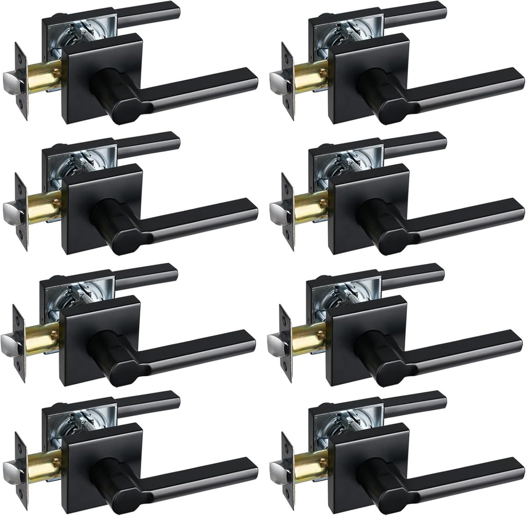 Passage Door Lever (No Lock), Heavy Duty Interior Square Handle for Hallway and Closet, Matte Black, Reversible for Right&Left Handed, 8Packs