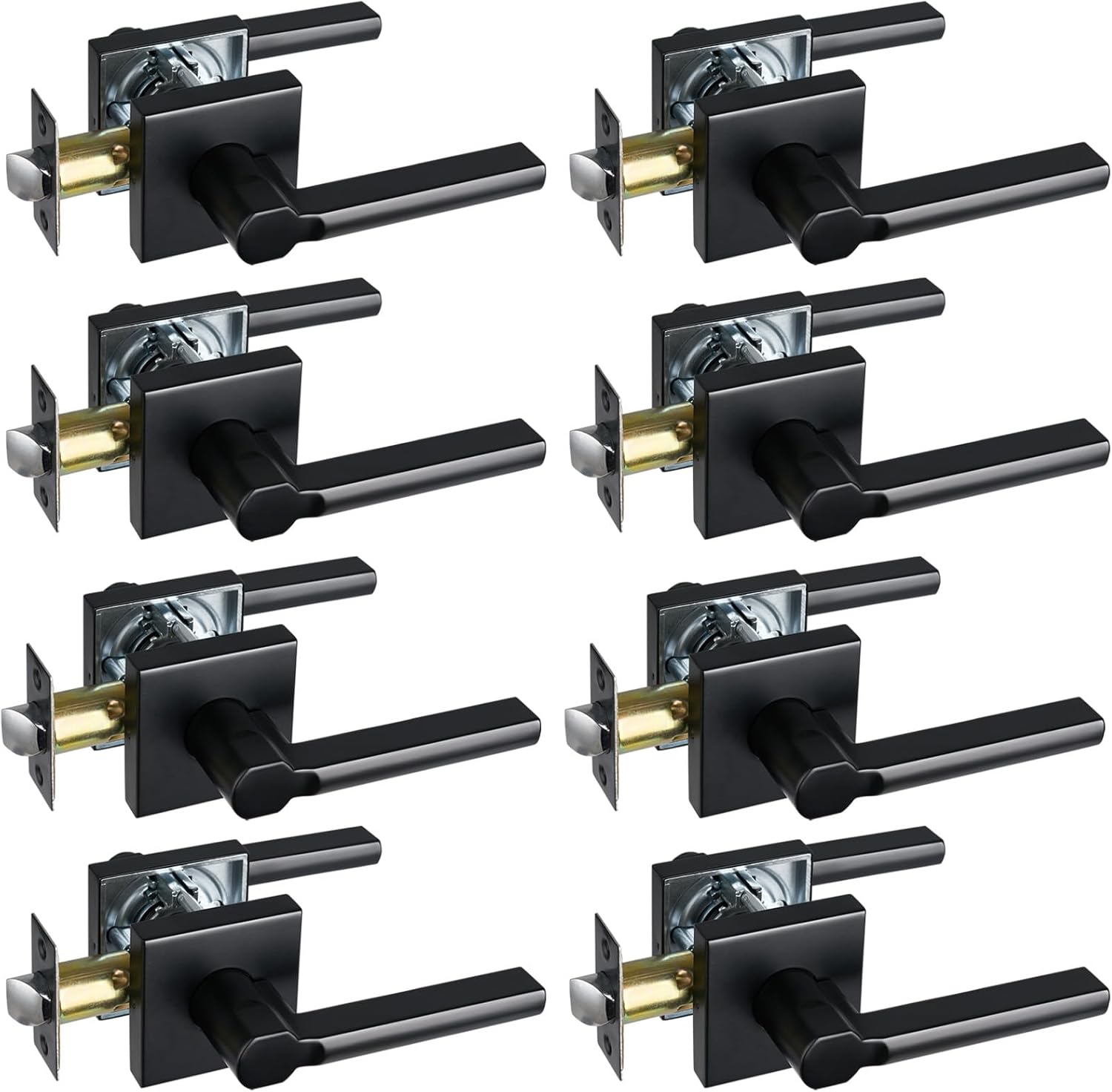 Passage Door Lever (No Lock), Heavy Duty Interior Square Handle for Hallway and Closet, Matte Black, Reversible for Right&Left Handed, 8Packs