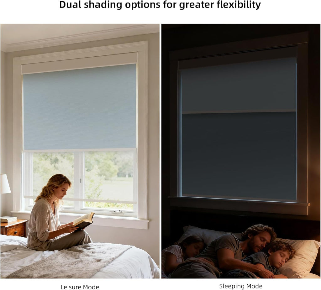 ZSTARR Motorized Day and Night Dual Smart Blind for Window with Valance Rechargeable Motor,Blackout Roller Shade Custom Size,with Valance Suitable for Home,Office (Full Blackout Light Blue)