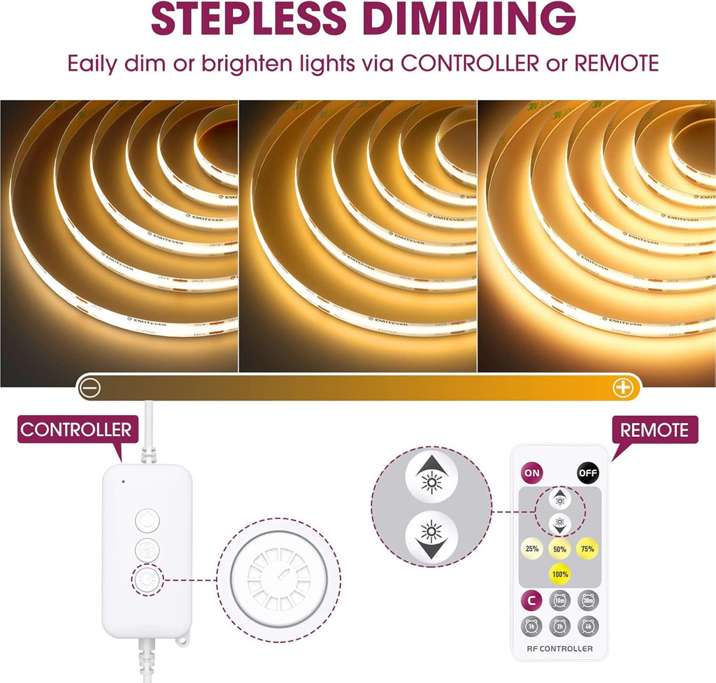 EMITEVER RF Remote Dimmer for Single Color LED Strip Lights,14-Key Wireless Remote and Controller,Work with DC 5-24V LED Products,Timer Function