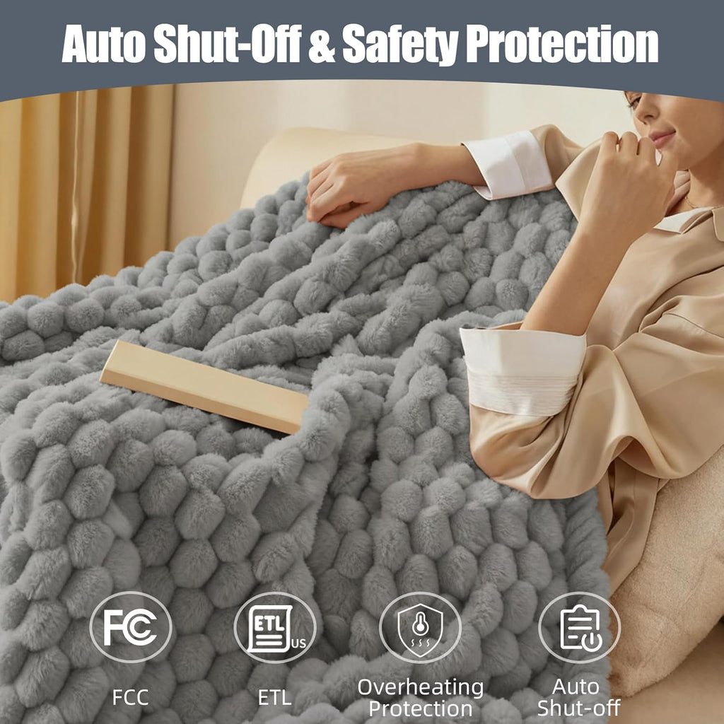 Electric Heated Blanket Throw 50" x 60" Soft Ribbed Faux Fur Flannel Fast Heating 12 Heat Levels 1–12H Timer & Overheat Protection & Auto Shut-Off & ETL FCC & Machine Washable Heated Throw (Gray)