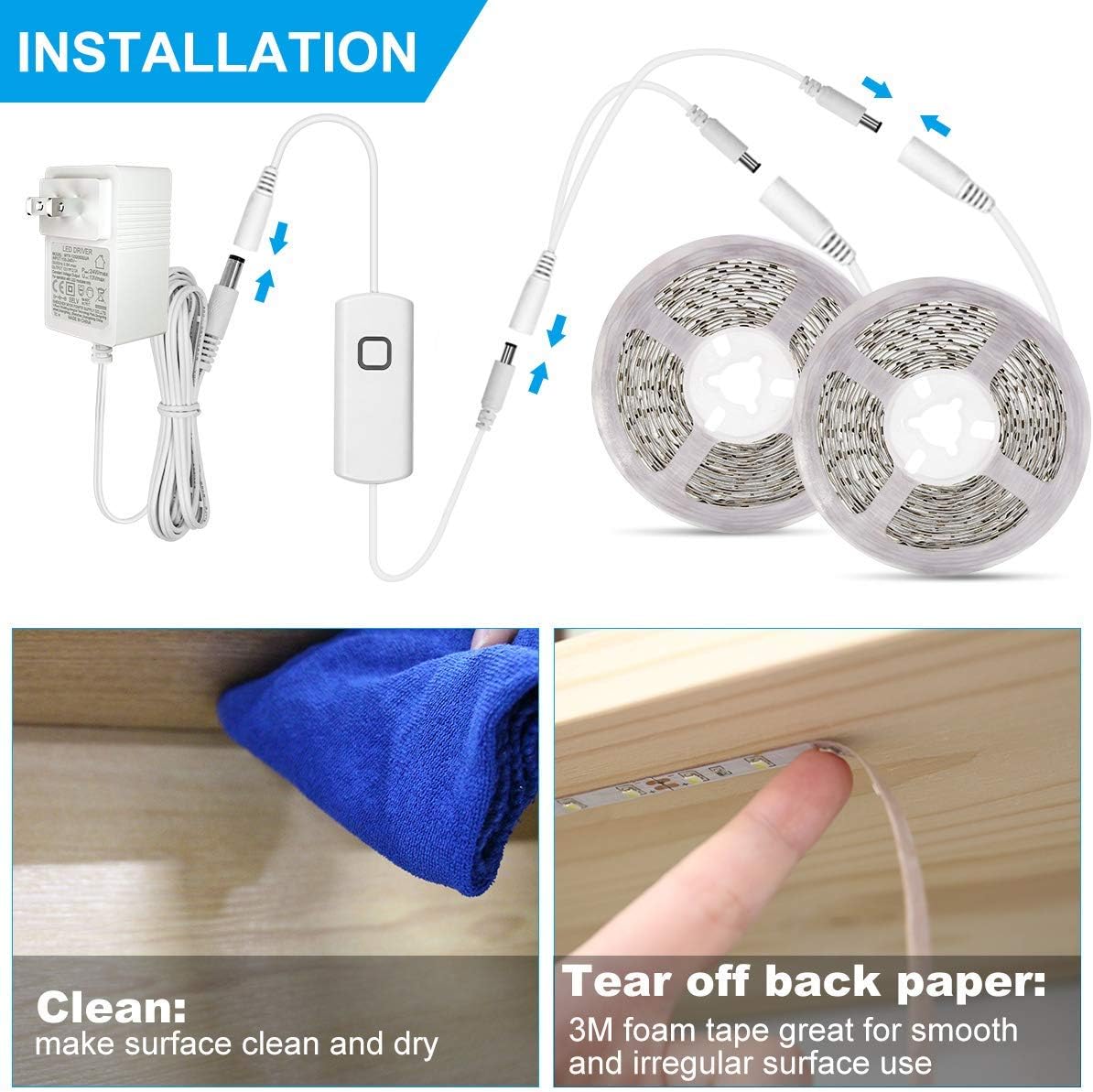MYPLUS Under Cabinet Lighting Kit, 32.8 Ft Dimmable Led Strip Lights with 600 LEDs,12V, Low Power Safety Adapter, Flexible Tape Light for Kitchen Cabinet,Bedroom,Counter,Shelf (Warm White-3000k)