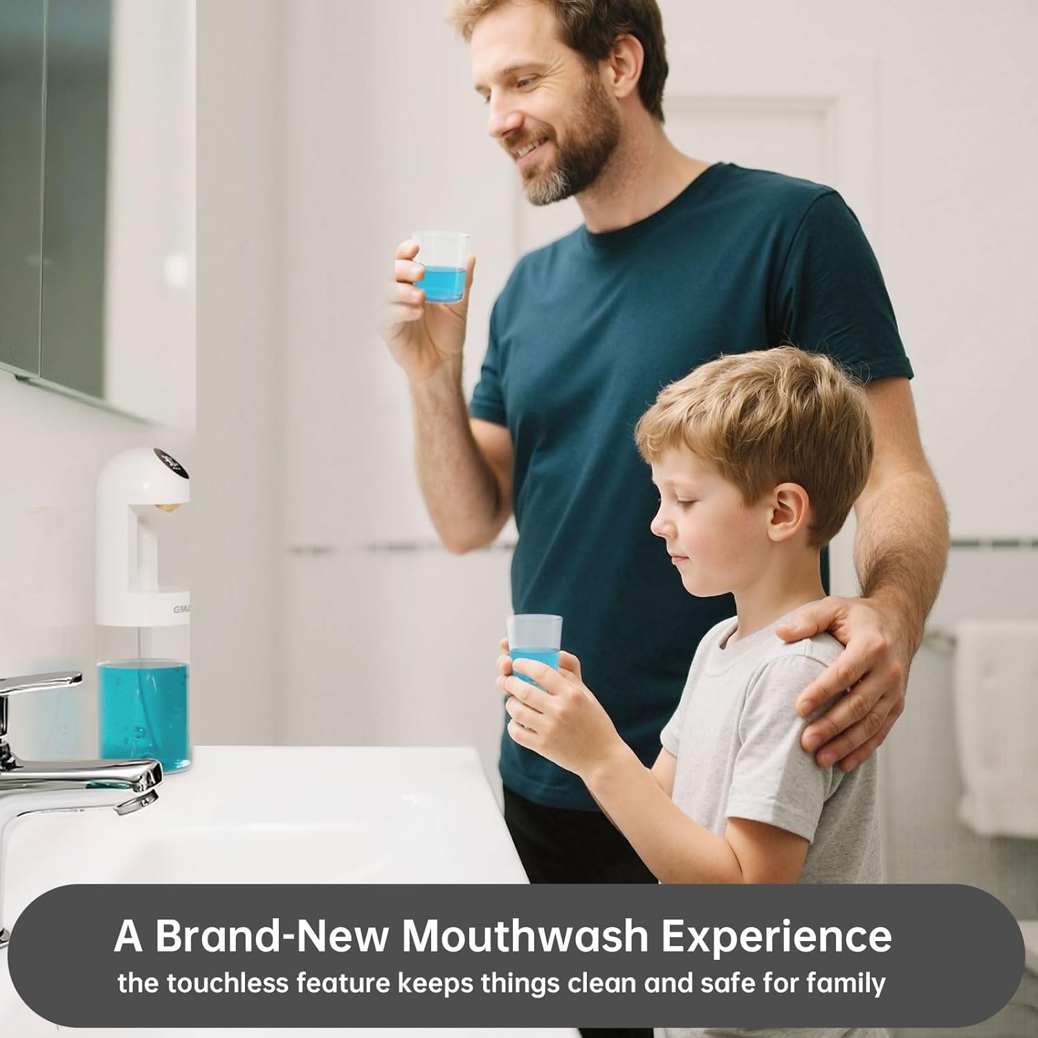 Upgraded Automatic Mouthwash Dispenser with 4 Dispensing Levels for Bathroom-GIMUBABA Smart Mouth Wash Dispenser Sets with 20.3 FL Oz Container,2 Cups & Wall Mount Accessories for Kids & Family,White