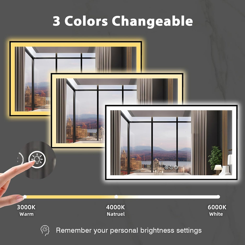 72x40 Lighted Mirrors for Bathroom Wall, Modern Rectangle Matte Black Mirror, Tempered Glass，Double Lights, 3 Colors Dimmable Temperature, IP54 Enhanced Anti-Fog, Memory (Horizontal/Vertical)
