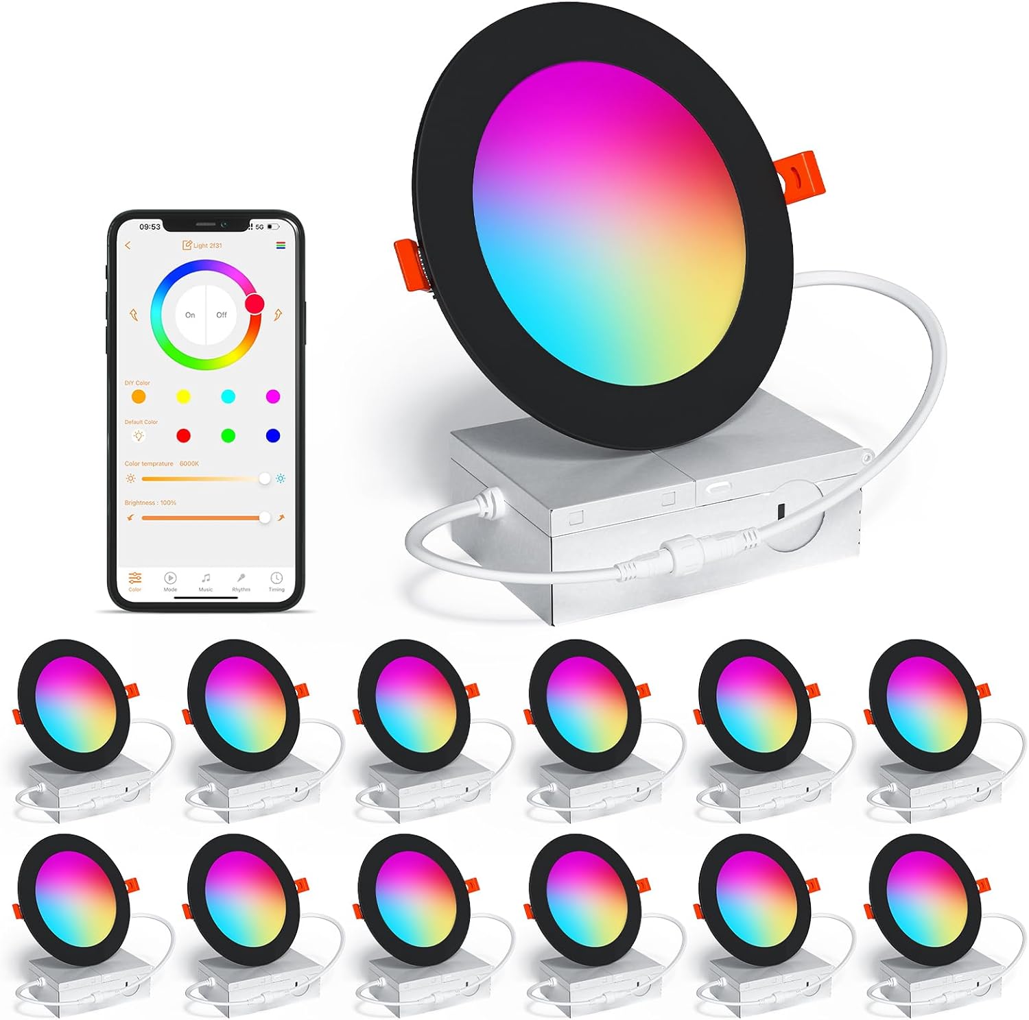 Smart Recessed Lighting 4 Inch RGBCW Color Changing 12W LED Downlight with Junction Box,1000 Lumen Recessed Ceiling Light Compatible with Alexa,Dimmable by Bluetooth Control -12Pack