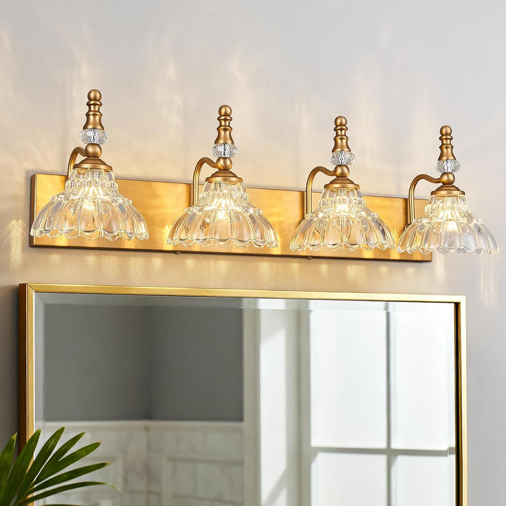 Vintage Bathroom Vanity Light, 4-Light Brass Vanity Lighting Fixture with Flower Glass Shade, Bathroom Lighting Fixtures Over Mirror