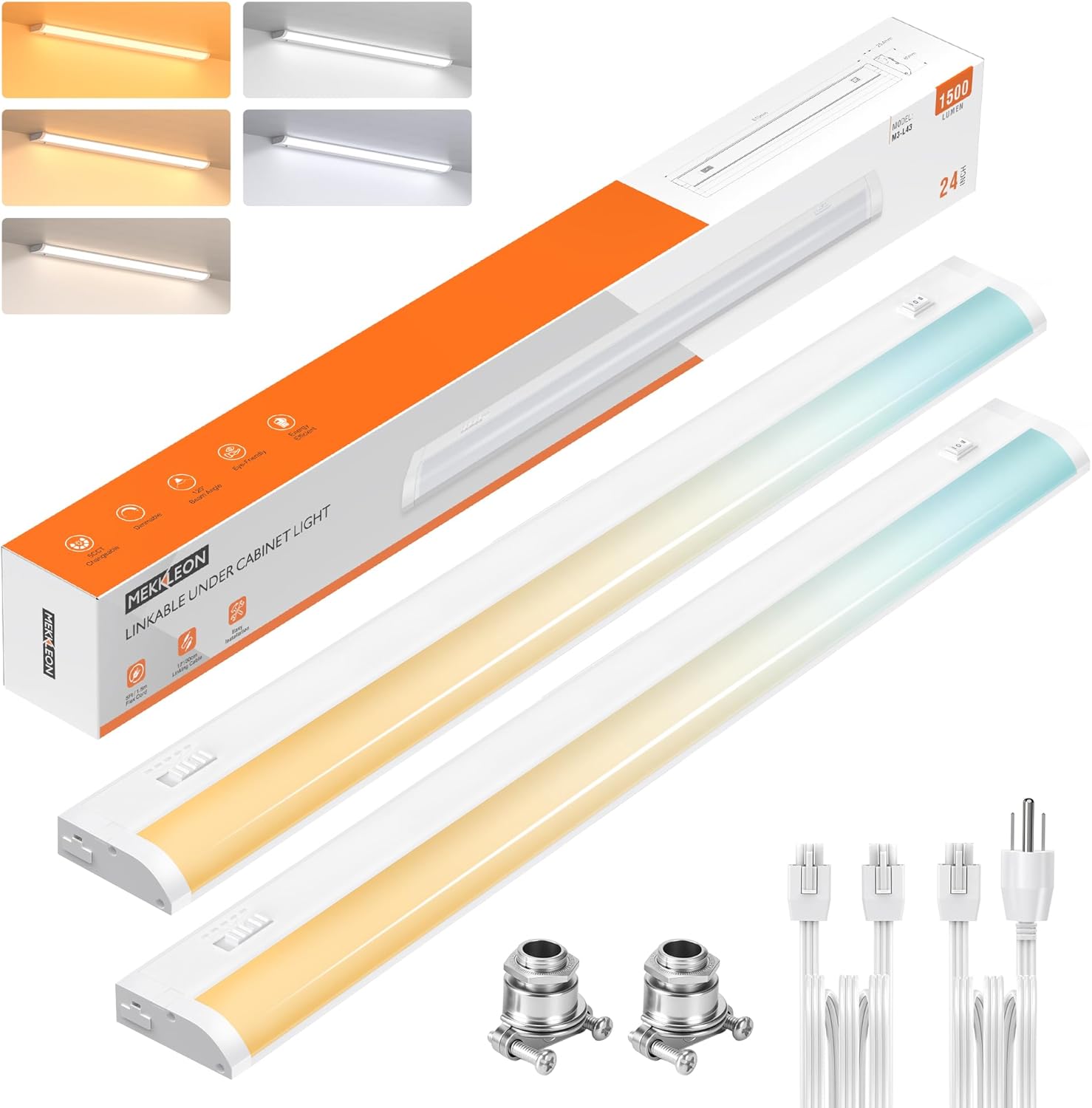 24inch Linkable Under Cabinet Lighting Hardwired Plug-in, Wired led Under Cabinet Lights with 5 CCT (2700/3000/3500/4000/5000) & Dimmable, Under Counter Lights for Kitchen, 15W, 1500LM, 2 Pack