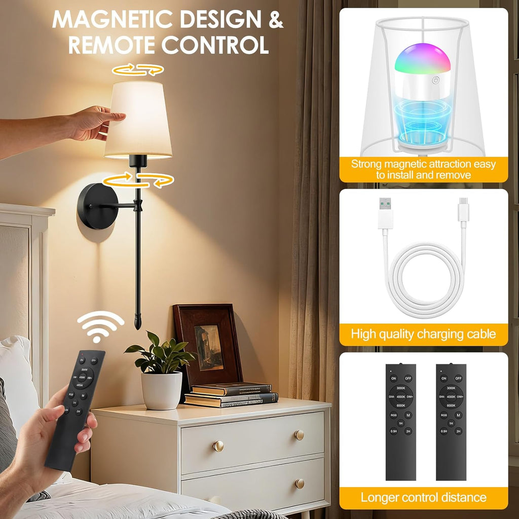 OCATO Battery Operated Wall Sconce: 10000mAh Wireless Wall Sconces Set of Two Rechargeable Lamp Dimmable Magnetic Lights with 7 RGB Colors and Remote Home Decor Walls Decor for Bedroom Living Room