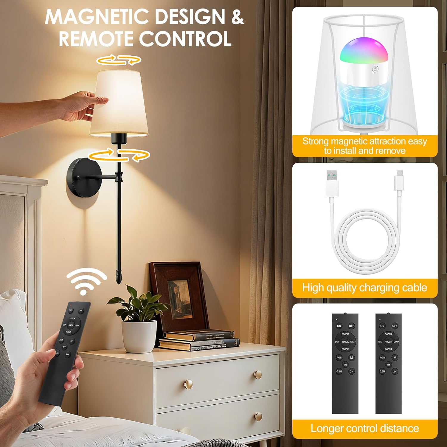 OCATO Battery Operated Wall Sconce: 10000mAh Wireless Wall Sconces Set of Two Rechargeable Lamp Dimmable Magnetic Lights with 7 RGB Colors and Remote Home Decor Walls Decor for Bedroom Living Room