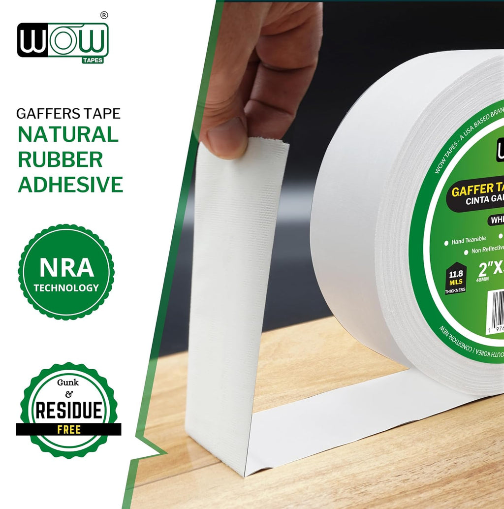 Wow Gaffers Tape 2 Inch White - 50 Yards, Residue Free, Non-Reflective & Heavy-Duty - Professional Grade Gaff Tape - Ideal for Photography Backdrop, Cables, Cords & Floor Taping