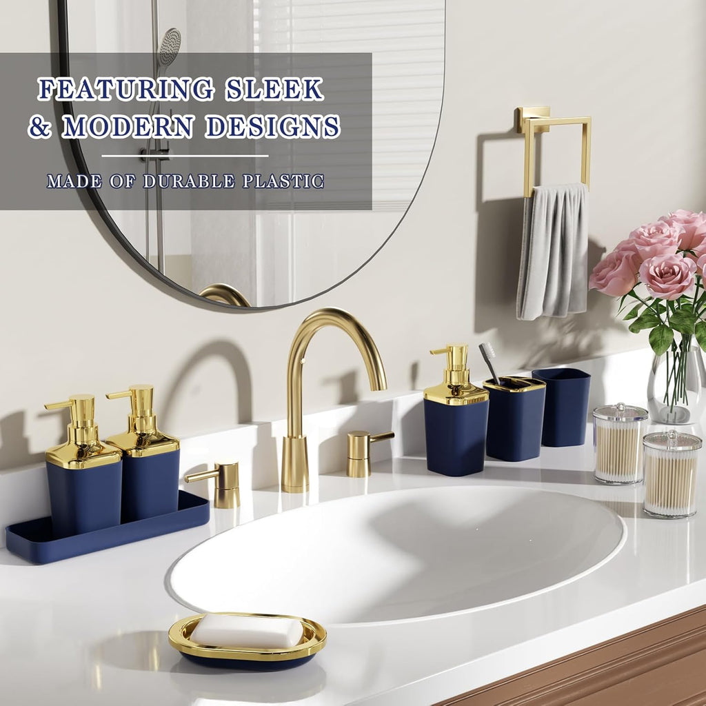 Bathroom Accessory Set, 11PC Bathroom Set, Navy Blue Bathroom Accessories, Bathroom Accessories Set with Trash Can, 3PC Soap Dispensers and Toilet Brush