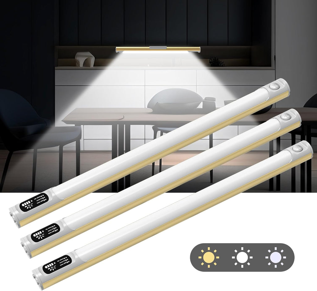 64 LED Under Cabinet Lights, 3 Color Dimmable Motion Sensor Indoor Closet Lights, 3600mAh Rechargeable Under Counter Light for Kitchen, 14 Inch Wireless Battery Operated Night Lighting